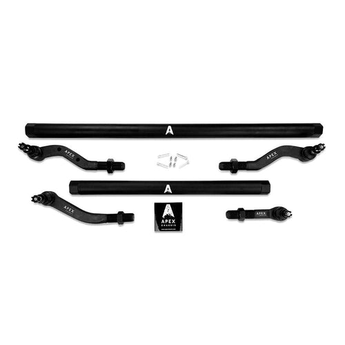 Apex Chassis Apex Chassis Heavy Duty 2.5 Ton Tie Rod & Drag Link Assembly in Black Anodized Aluminum Fits: 19-22 Jeep Gladiator JT 18-22 Jeep Wrangler JL/JLU Rubicon Mohave Sahara Sport. Note: This NO-FLIP kit fits a Dana 30 axle with a lift of 4.5 inches or less.