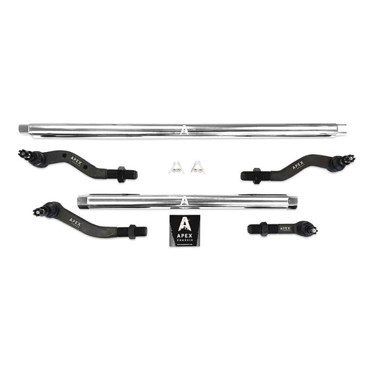 Apex Chassis Apex Chassis Heavy Duty 2.5 Ton Tie Rod & Drag Link Assembly in Polished Aluminum Fits: 19-22 Jeep Gladiator JT 18-22 Jeep Wrangler JL/JLU Rubicon Mohave Sahara Sport. Note: This NO-FLIP kit fits a Dana 30 axle with a lift of 4.5 inches or less.