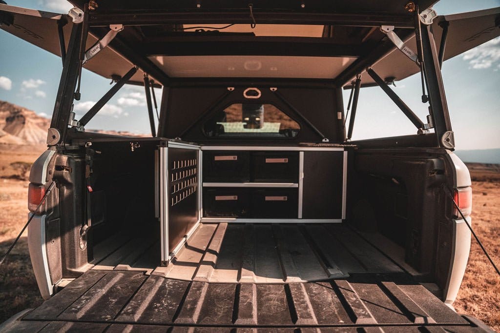 Goose Gear Drawers + Organization Bed Cargo & Bench and Storage Module - Driver Side Package Rivian - R1T - 2022-Present - 1st Gen - 4.5' Bed - Explore Series -  UltraLite - GFC