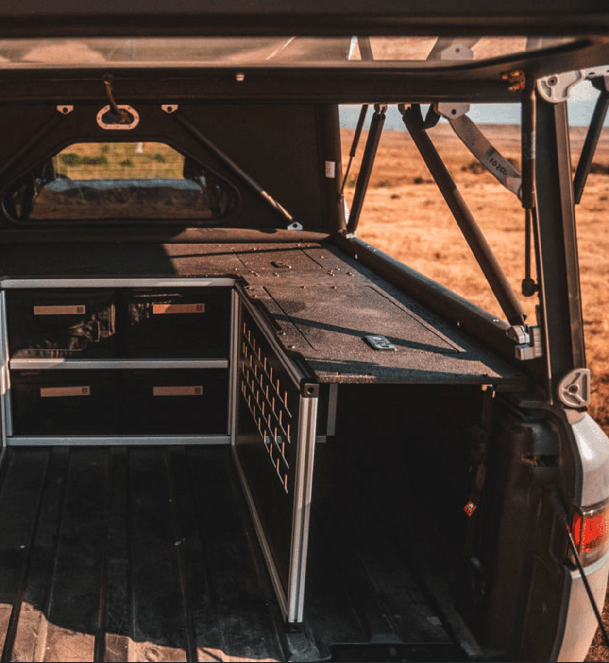 Goose Gear Drawers + Organization Bed Cargo & Bench and Storage Module - Passenger Side Package Rivian - R1T - 2022-Present - 1st Gen - 4.5' Bed - Explore Series -  UltraLite - GFC