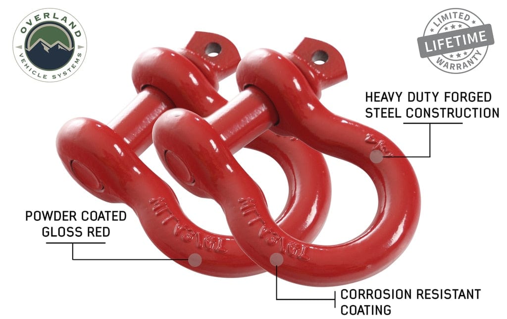 Overland Vehicle Systems 19010204 Recovery Shackle 3/4 Inch 4.75 Ton Red - Sold In Pairs Overland Vehicle Systems