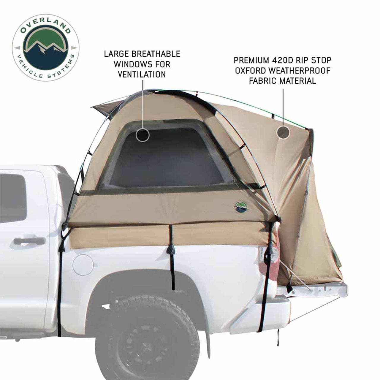 Overland Vehicle Systems LD TACT - Bed Tent Full Size 6.5 Foot, Tan Body and Green Rainfly Overland Vehicle Systems