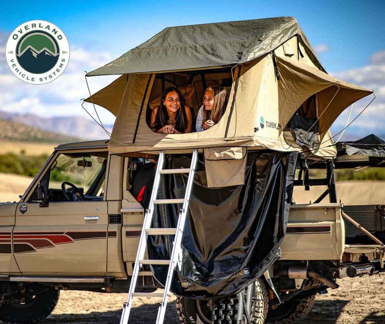 Overland Vehicle Systems LD TMBK 3 Roof Top Tent With Annex - Tan Base With Green Rain Fly, Black Aluminum Base, Black Ladder Overland Vehicle Systems