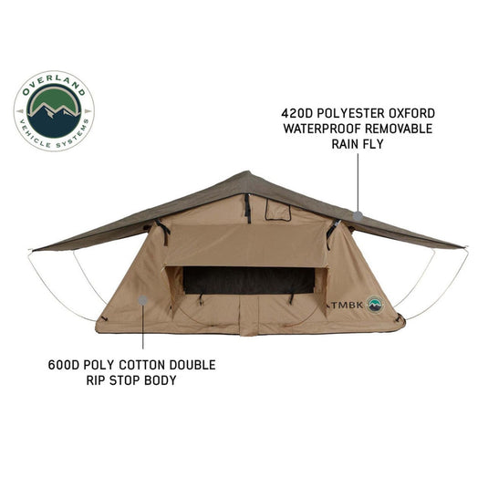 Overland Vehicle Systems LD TMBK 3 Roof Top Tent With Annex - Tan Base With Green Rain Fly, Black Aluminum Base, Black Ladder Overland Vehicle Systems