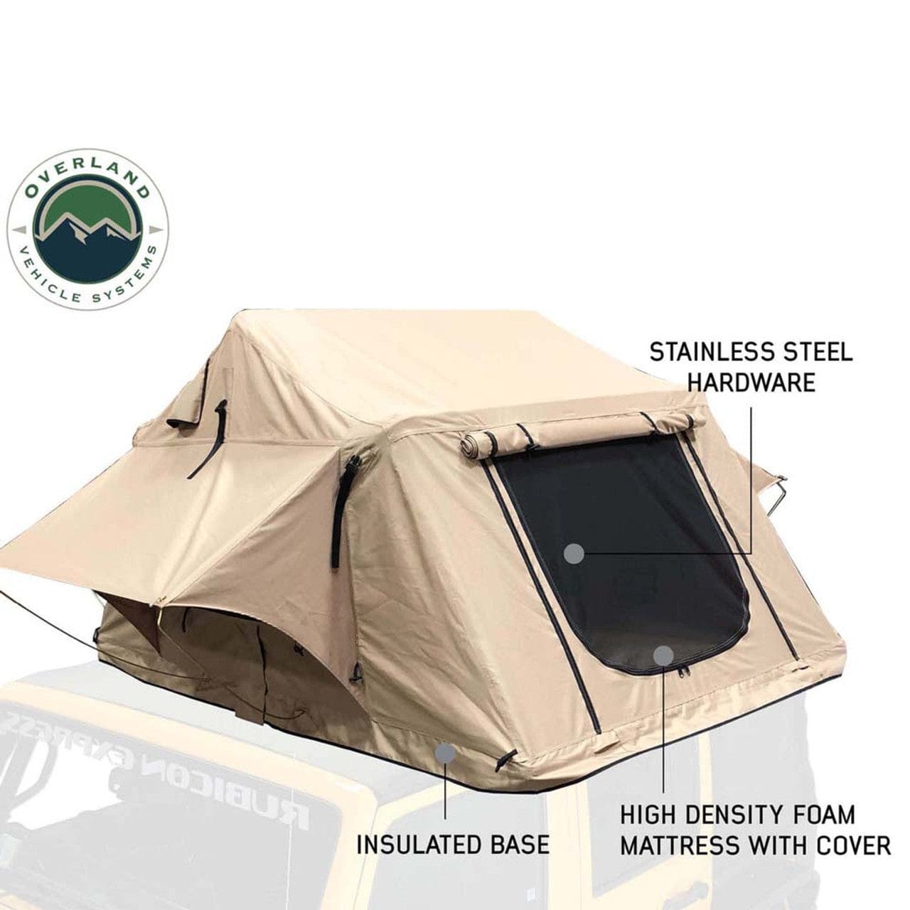 Overland Vehicle Systems LD TMBK 3 Roof Top Tent With Annex - Tan Base With Green Rain Fly, Black Aluminum Base, Black Ladder Overland Vehicle Systems