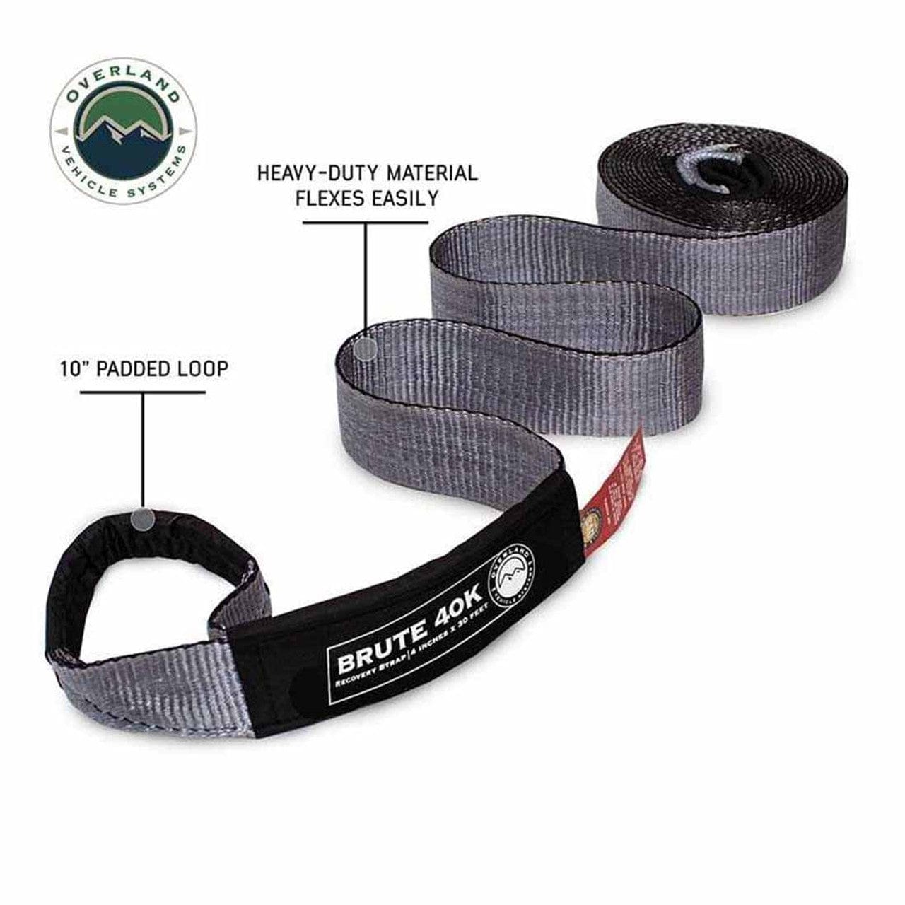 Overland Vehicle Systems Tow Strap 4 Inch x 30 Foot Grey With Black Ends and Storage Bag Overland Vehicle Systems