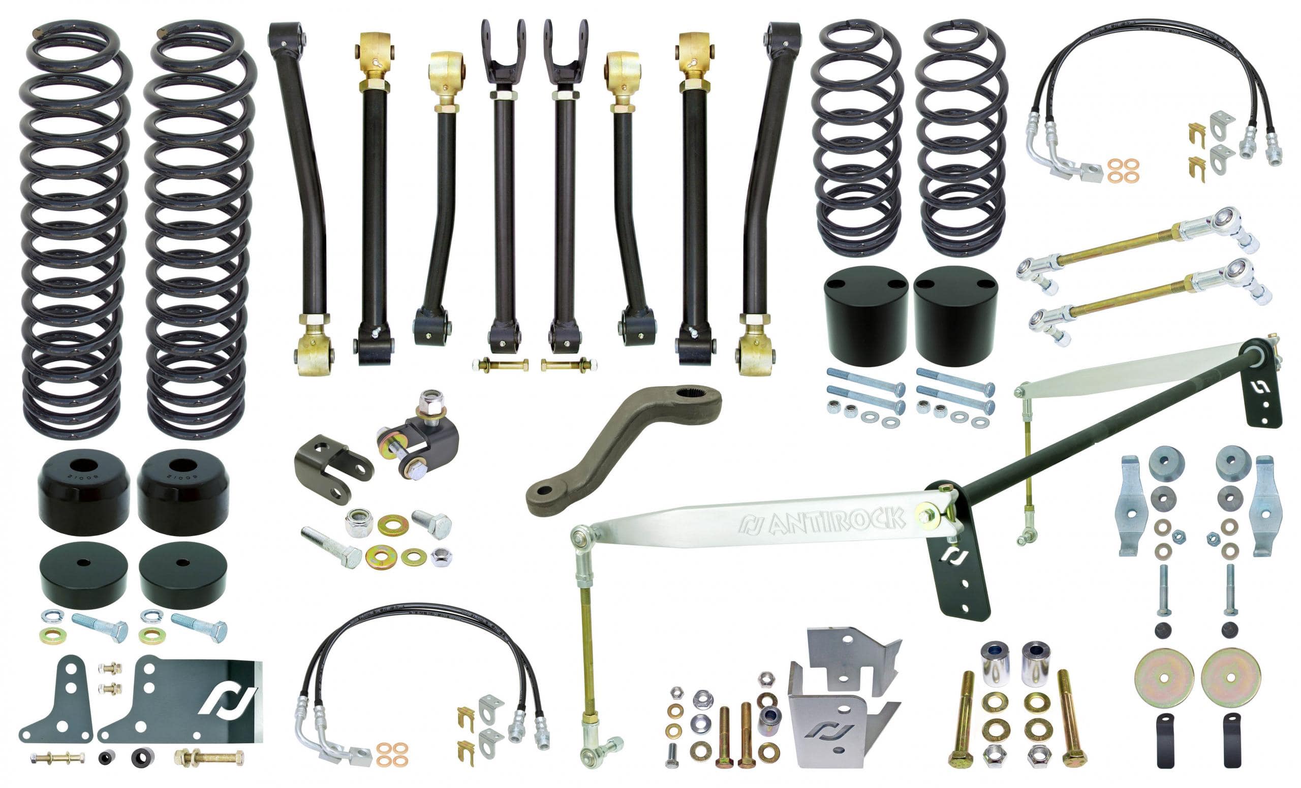 RockJock 4x4 Johnny Joint Suspension System 07-18 Wrangler JK 2 Dr 4 Inch Lift W/Springs, Adj. Cntrl Arms F S/B Links R Antirock S/B w/ Alum. Arms F/R Bmp Stp R Coil Sprg Ret. F/R Ext. Brk Ln F/R T/B Reloc. F/R Shk Reloc. Pitman Arm RockJock 4x4