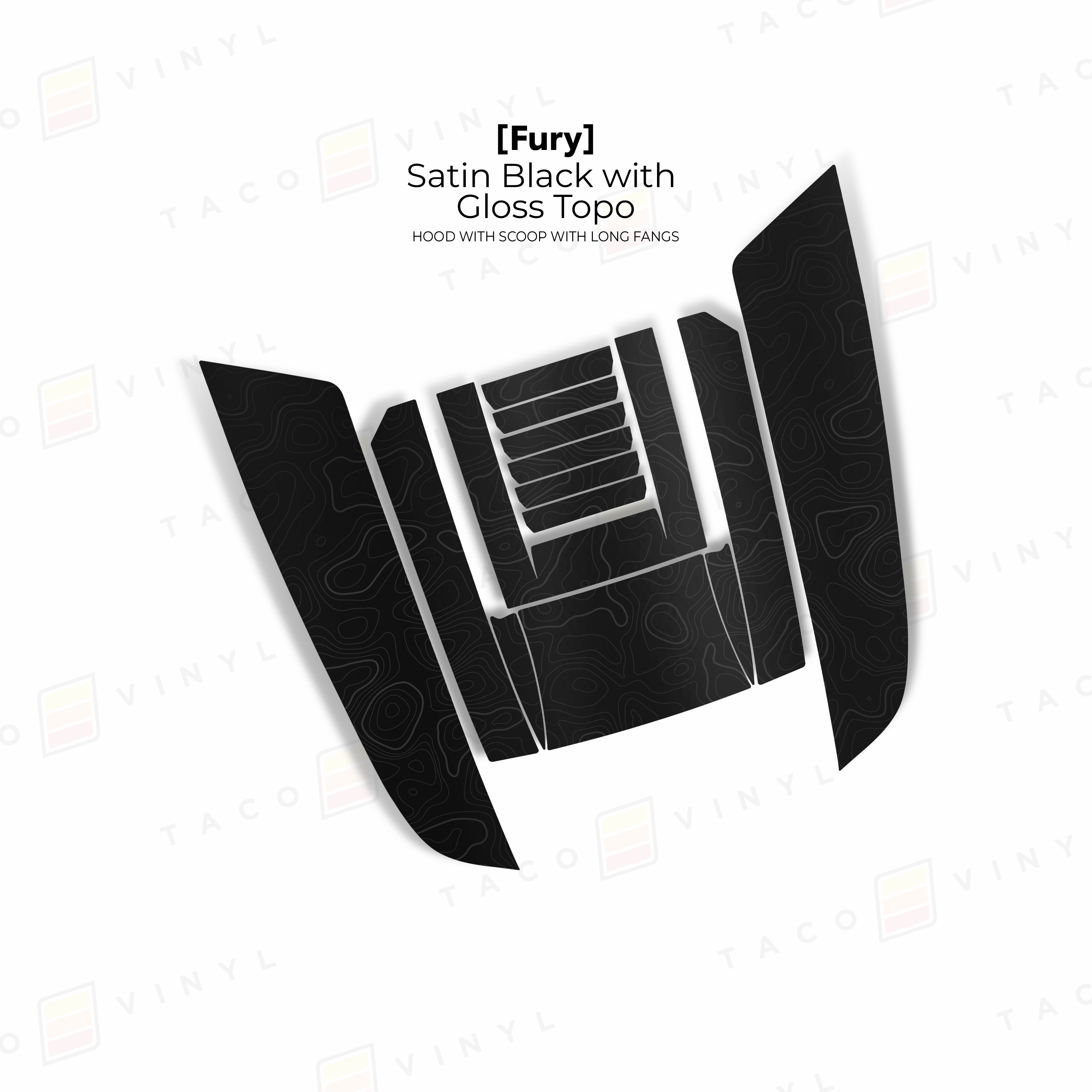 Taco Vinyl Hood Stamp Satin Black with Gloss Topo / Full Hood Decal 2024+ Tacoma/2025+ 4Runner Fury Hood Scoop Stamp