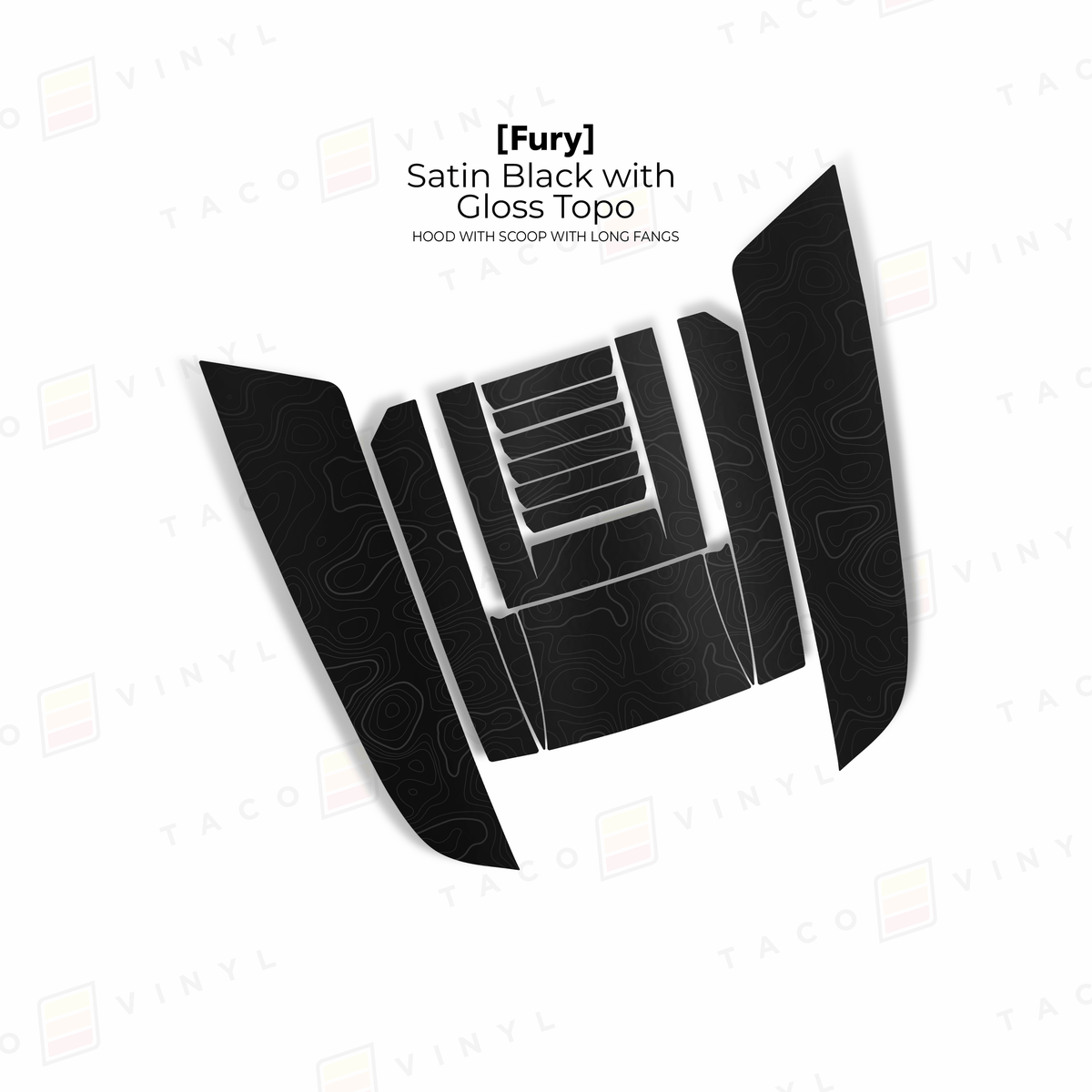 Taco Vinyl Hood Stamp Satin Black with Gloss Topo / Full Hood Decal 2024+ Tacoma/2025+ 4Runner Fury Hood Scoop Stamp