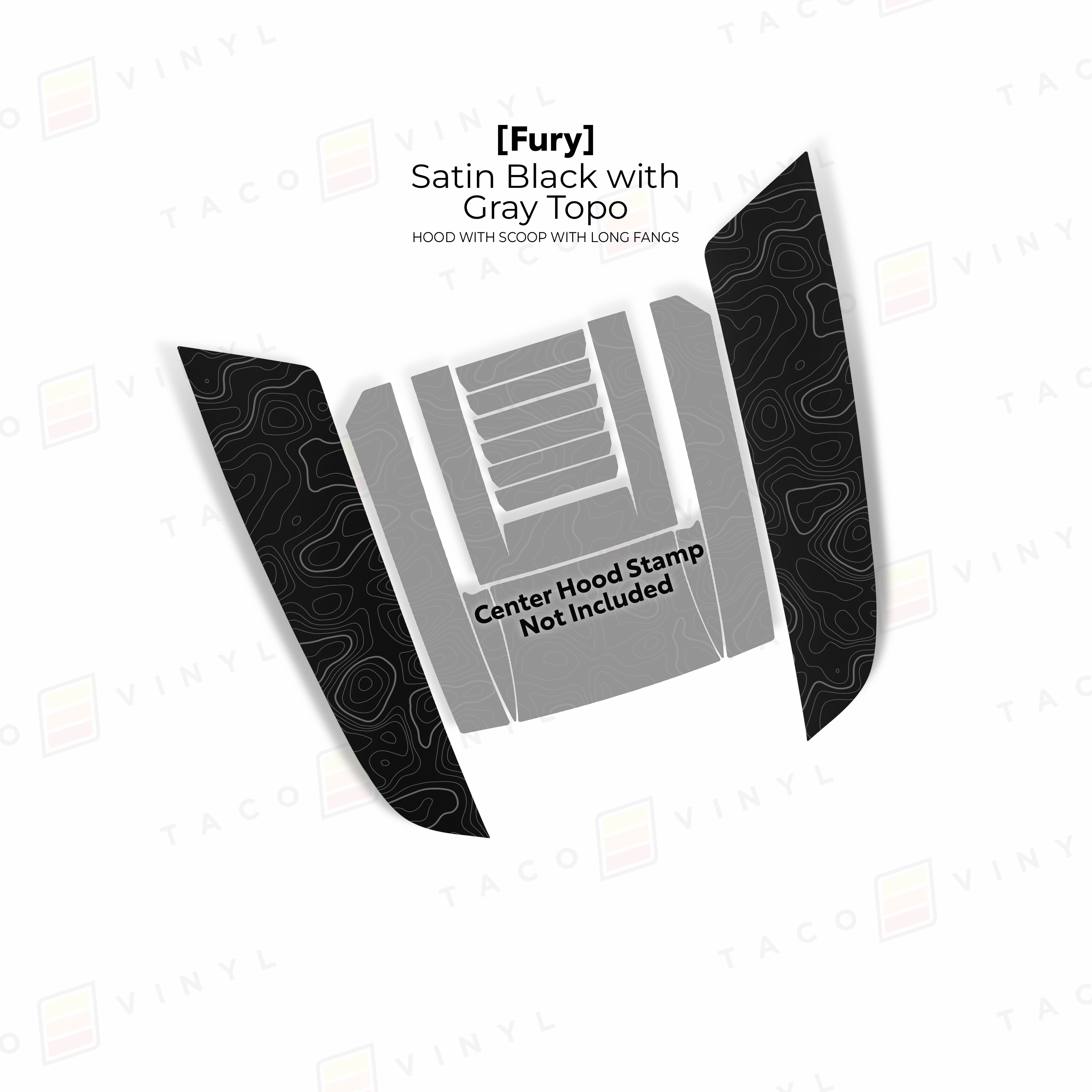 Taco Vinyl Hood Stamp Satin Black with Gray Topo / Fangs Only 2024+ Tacoma/2025+ 4Runner Fury Hood Scoop Stamp