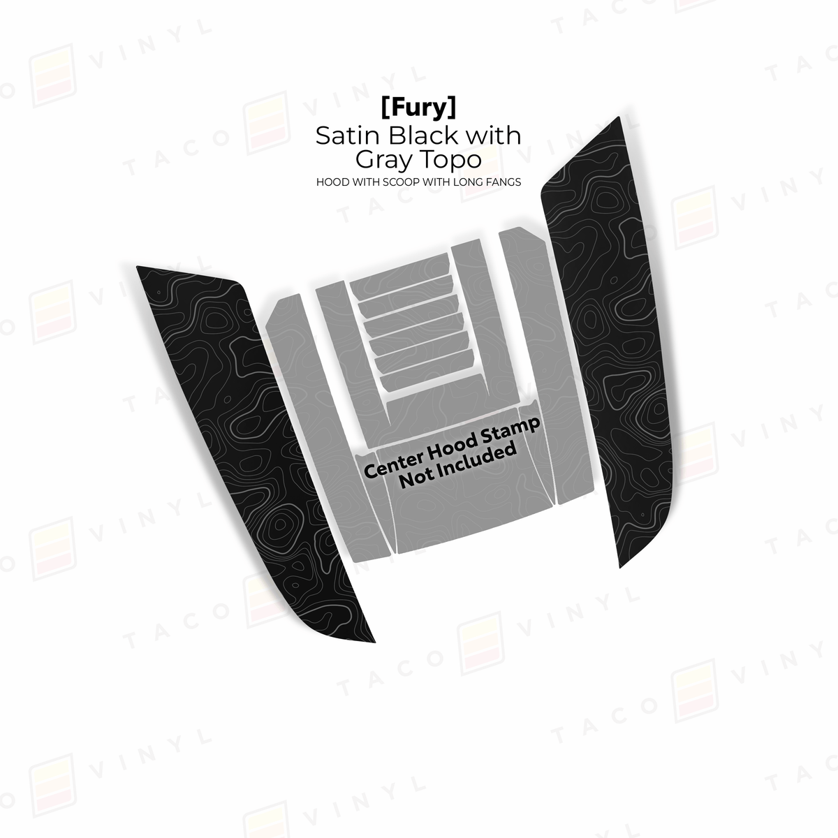Taco Vinyl Hood Stamp Satin Black with Gray Topo / Fangs Only 2024+ Tacoma/2025+ 4Runner Fury Hood Scoop Stamp