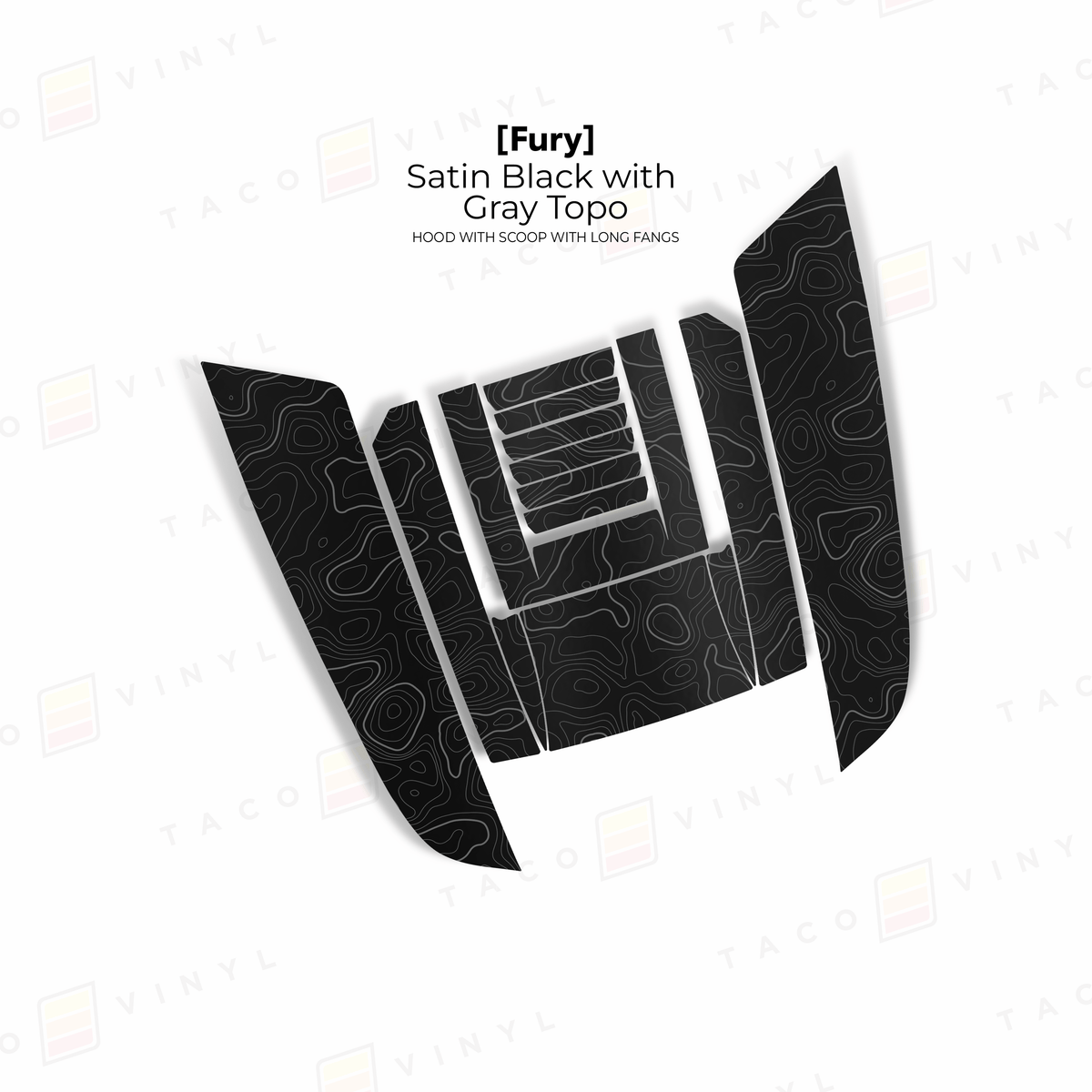 Taco Vinyl Hood Stamp Satin Black with Gray Topo / Full Hood Decal 2024+ Tacoma/2025+ 4Runner Fury Hood Scoop Stamp