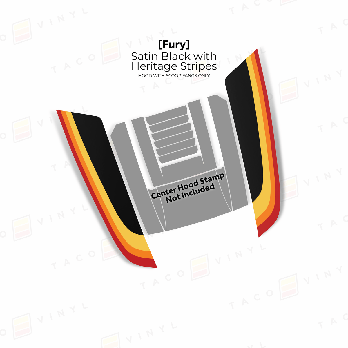 Taco Vinyl Hood Stamp Satin Black with Heritage Stripes / Fangs Only 2024+ Tacoma/2025+ 4Runner Fury Hood Scoop Stamp
