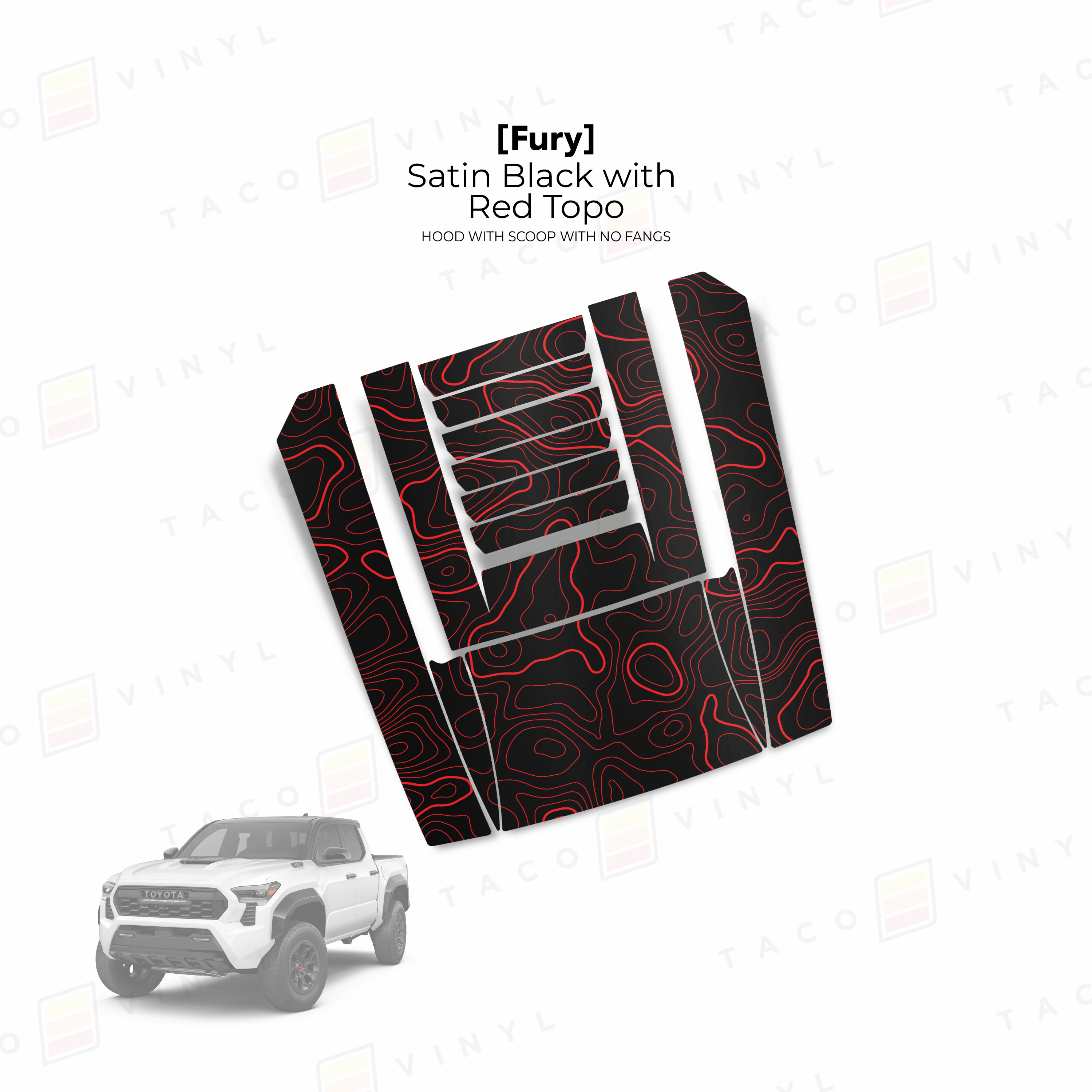Taco Vinyl Hood Stamp Satin Black with Red Topo / Center Hood Only 2024+ Tacoma/2025+ 4Runner Fury Hood Scoop Stamp