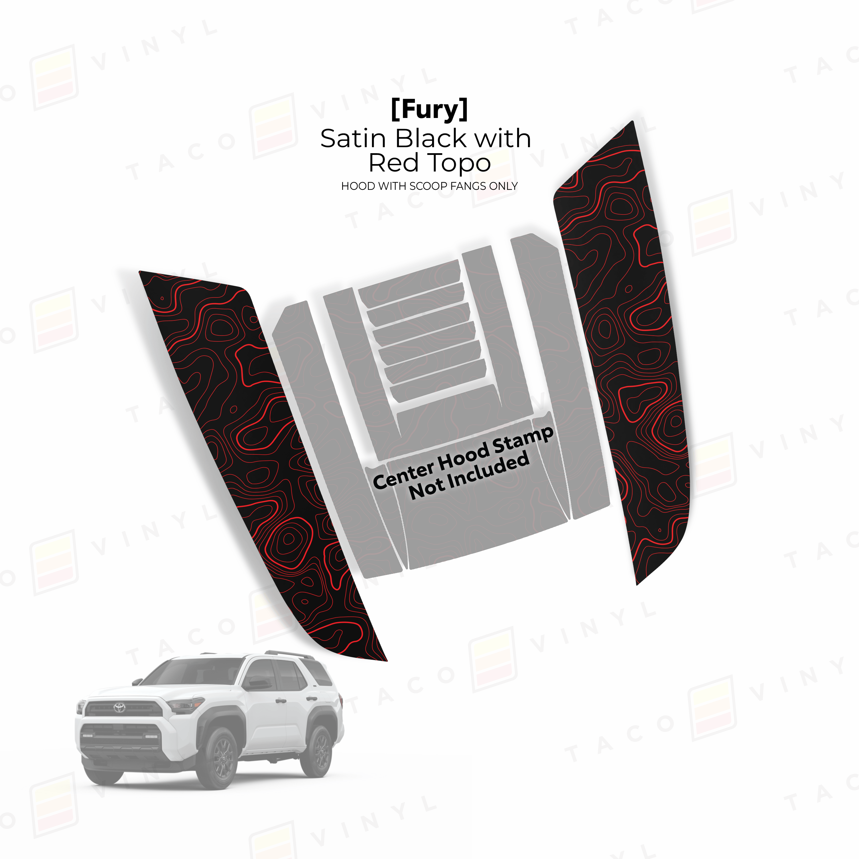 Taco Vinyl Hood Stamp Satin Black with Red Topo / Fangs Only 2024+ Tacoma/2025+ 4Runner Fury Hood Scoop Stamp