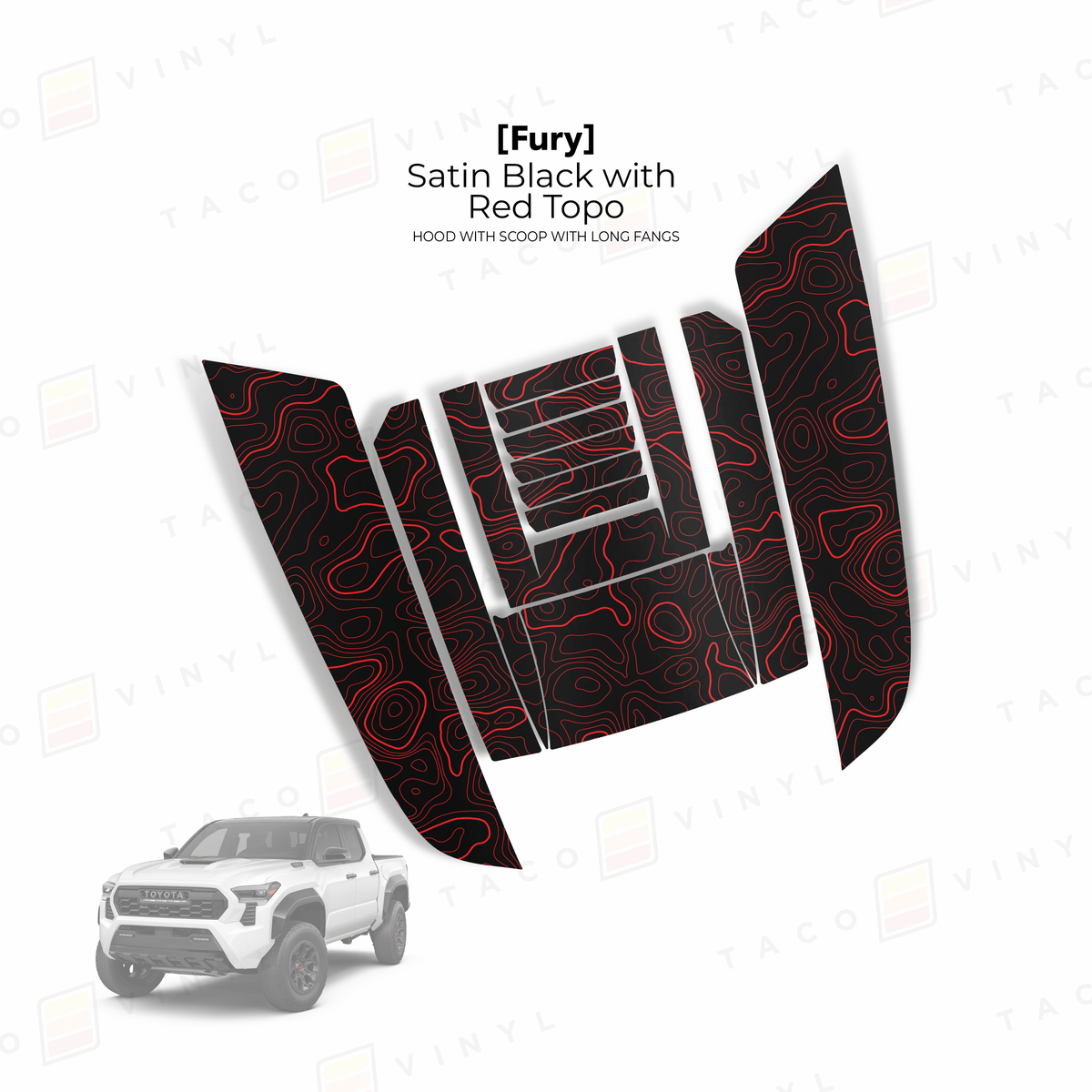 Taco Vinyl Hood Stamp Satin Black with Red Topo / Full Hood Decal 2024+ Tacoma/2025+ 4Runner Fury Hood Scoop Stamp