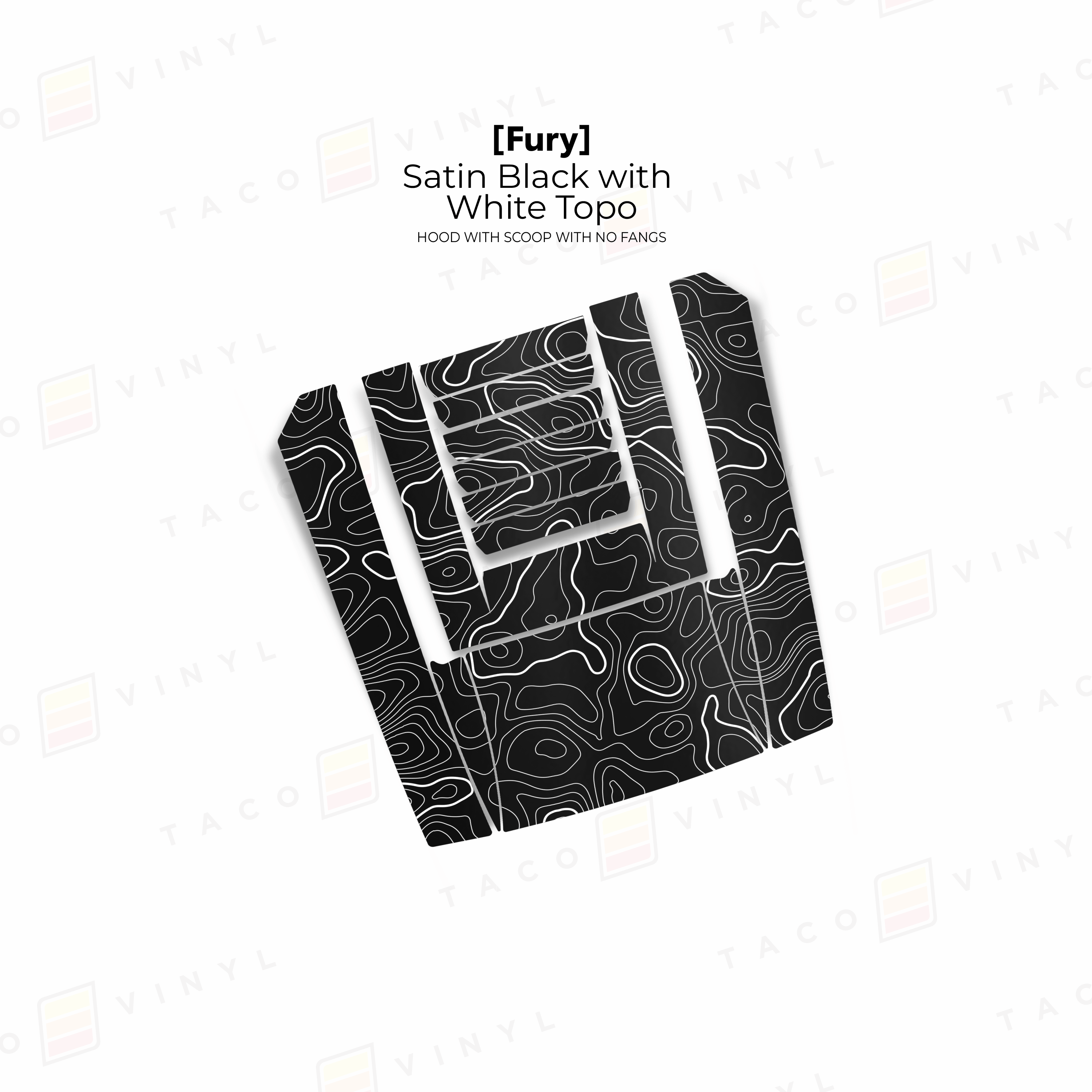 Taco Vinyl Hood Stamp Satin Black with White Topo / Center Hood Only 2024+ Tacoma/2025+ 4Runner Fury Hood Scoop Stamp