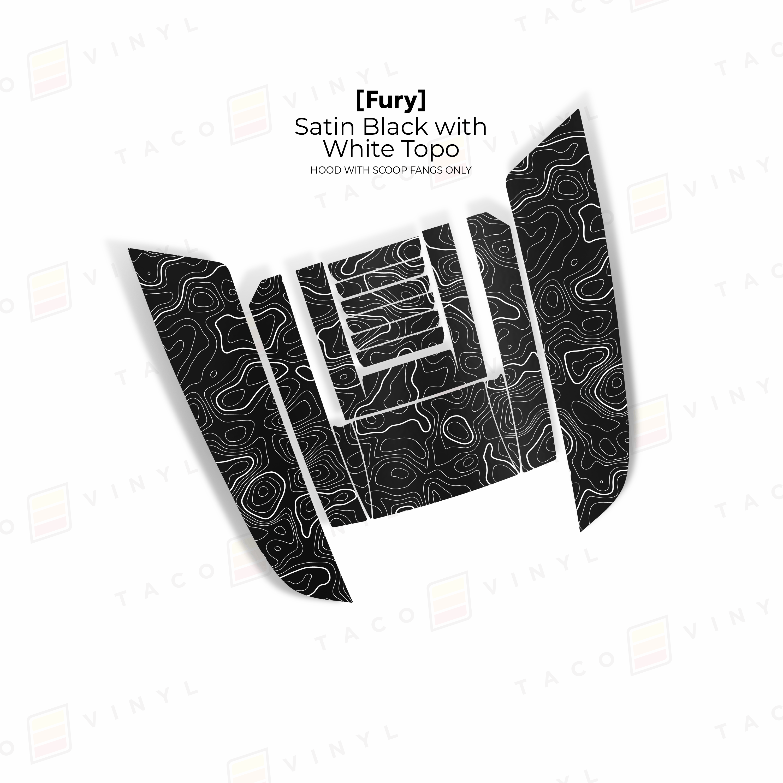 Taco Vinyl Hood Stamp Satin Black with White Topo / Full Hood Decal 2024+ Tacoma/2025+ 4Runner Fury Hood Scoop Stamp