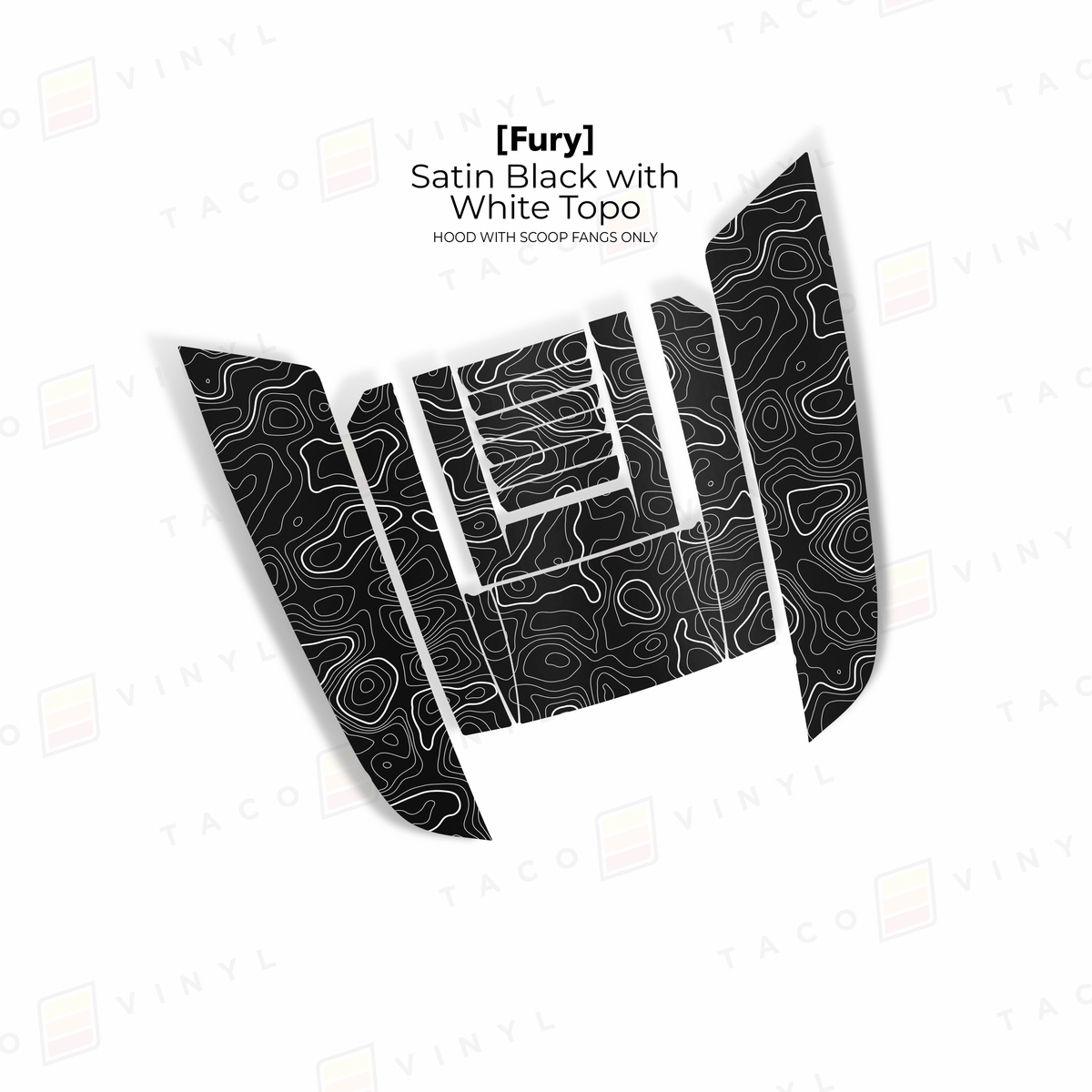 Taco Vinyl Hood Stamp Satin Black with White Topo / Full Hood Decal 2024+ Tacoma/2025+ 4Runner Fury Hood Scoop Stamp
