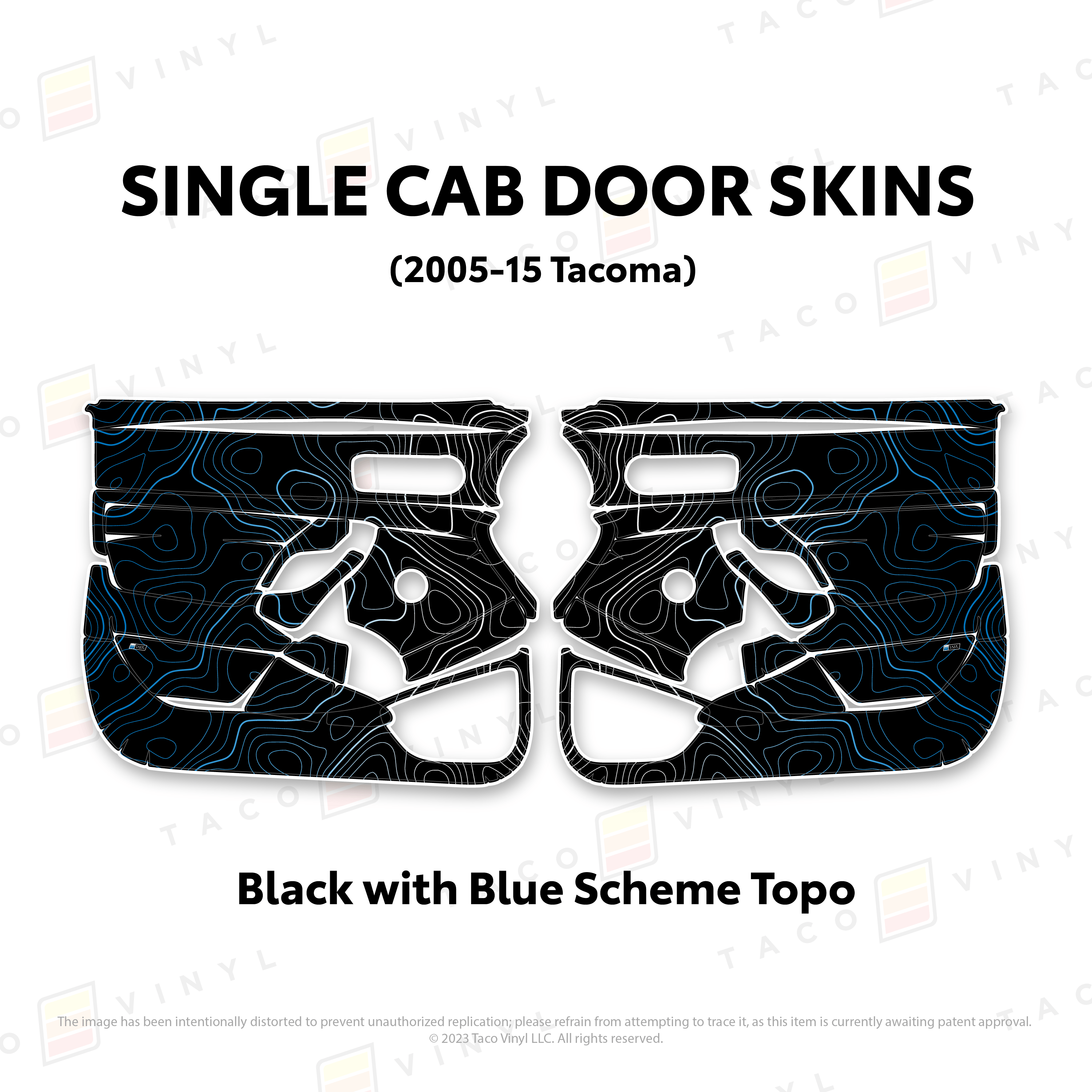 Taco Vinyl Protective Vinyl Black w/Blue Scheme Topo 2005-15 Tacoma Single Cab Door Skins