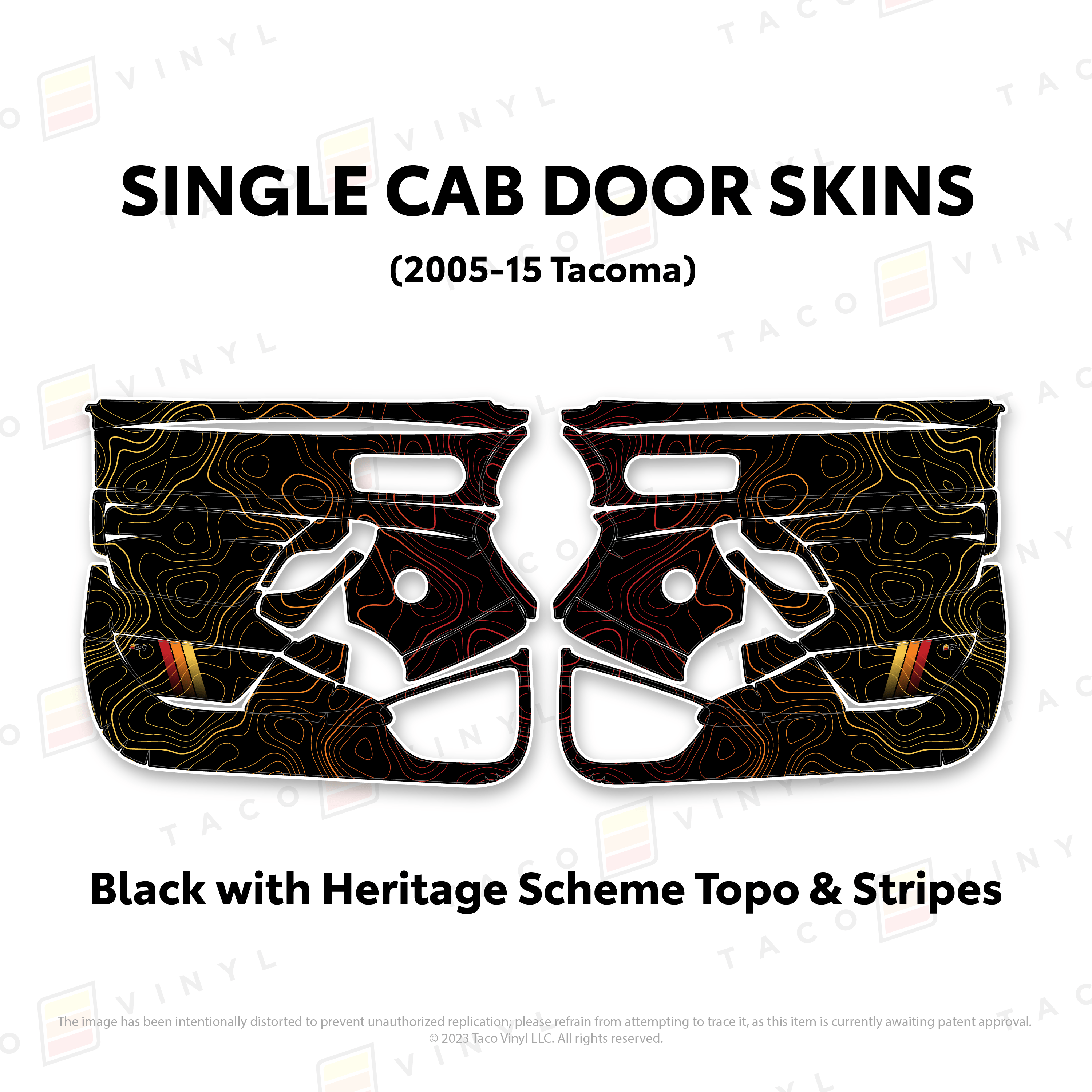 Taco Vinyl Protective Vinyl Black w/Heritage Topo & Stripes 2005-15 Tacoma Single Cab Door Skins
