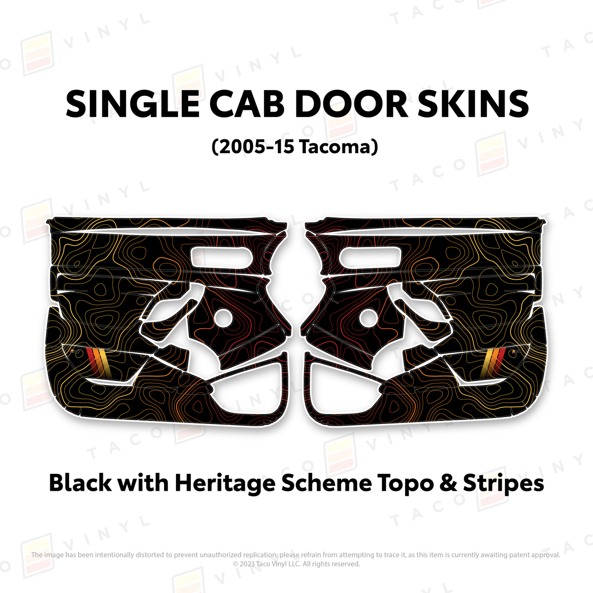 Taco Vinyl Protective Vinyl Black w/Heritage Topo & Stripes 2005-15 Tacoma Single Cab Door Skins