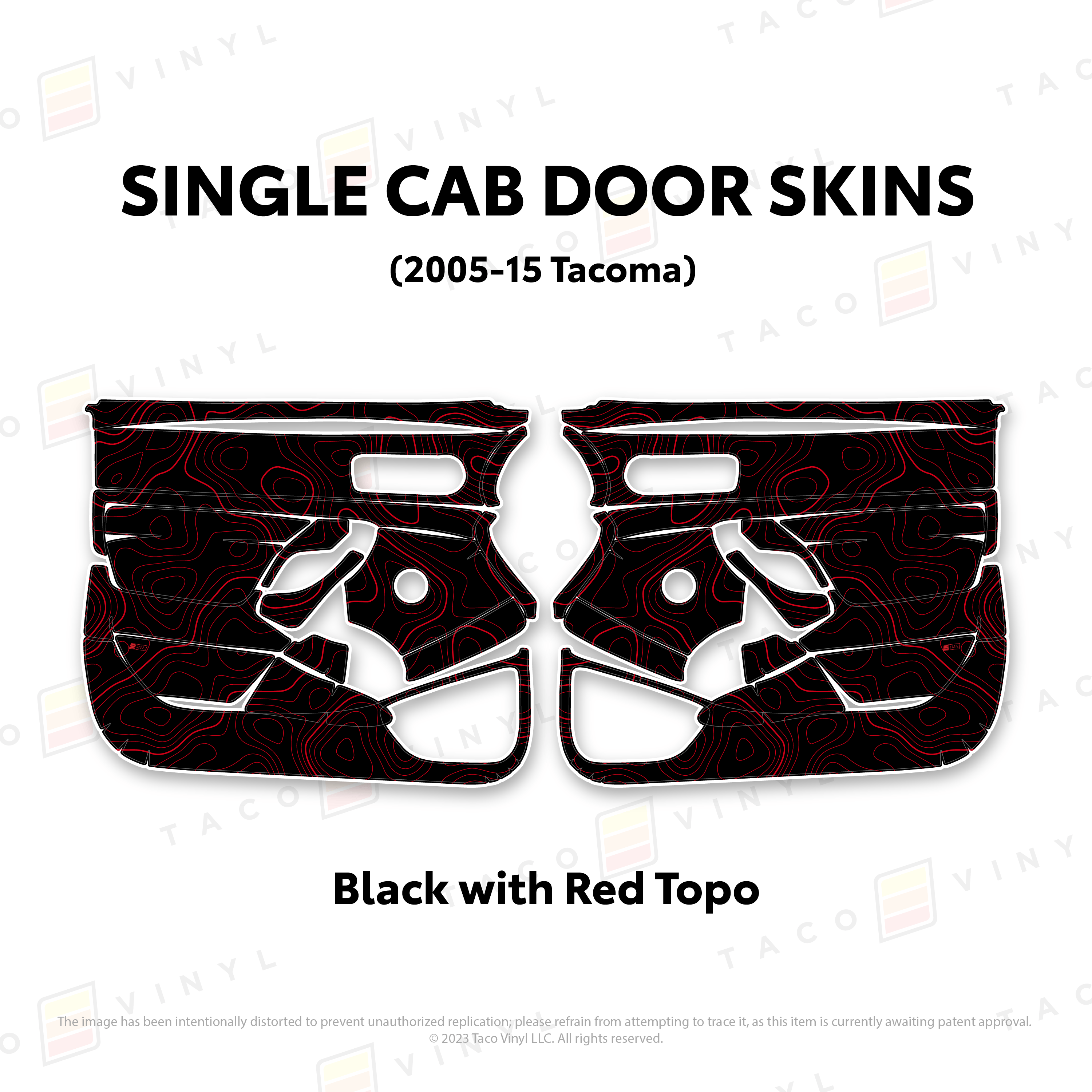 Taco Vinyl Protective Vinyl Black w/Red Topo 2005-15 Tacoma Single Cab Door Skins
