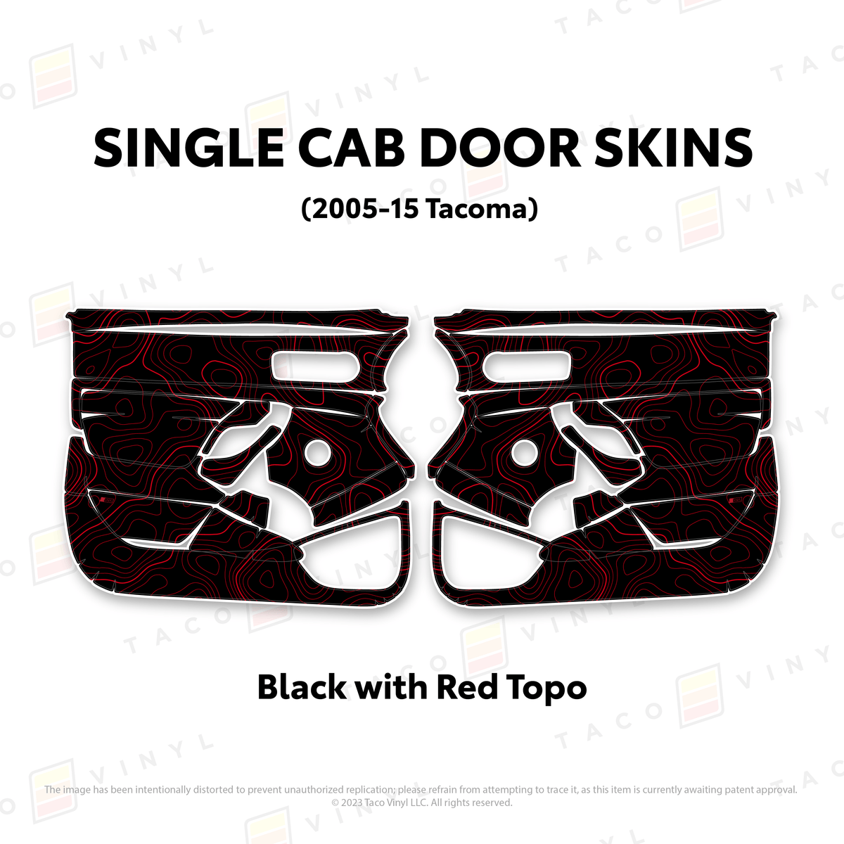 Taco Vinyl Protective Vinyl Black w/Red Topo 2005-15 Tacoma Single Cab Door Skins