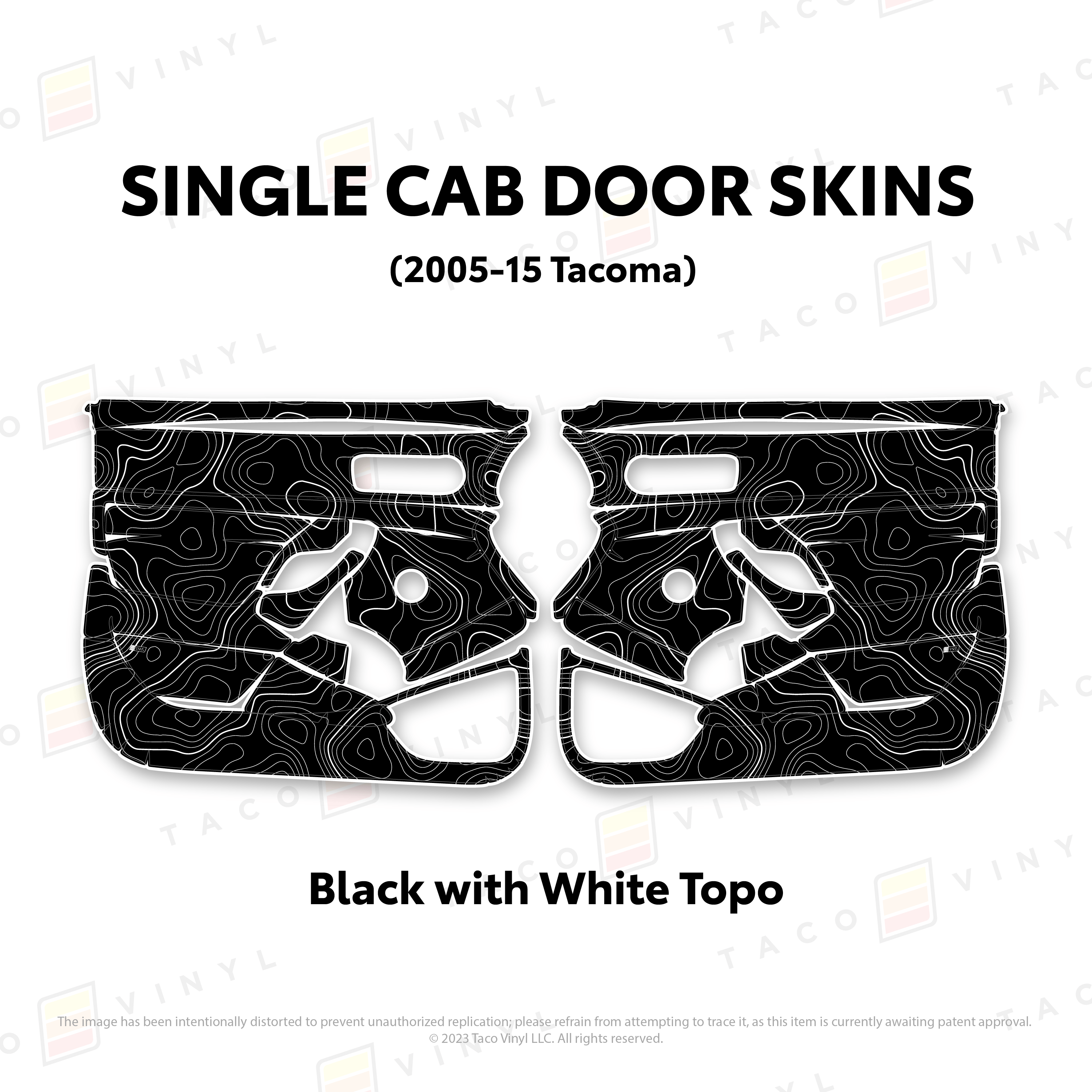 Taco Vinyl Protective Vinyl Black w/White Topo 2005-15 Tacoma Single Cab Door Skins