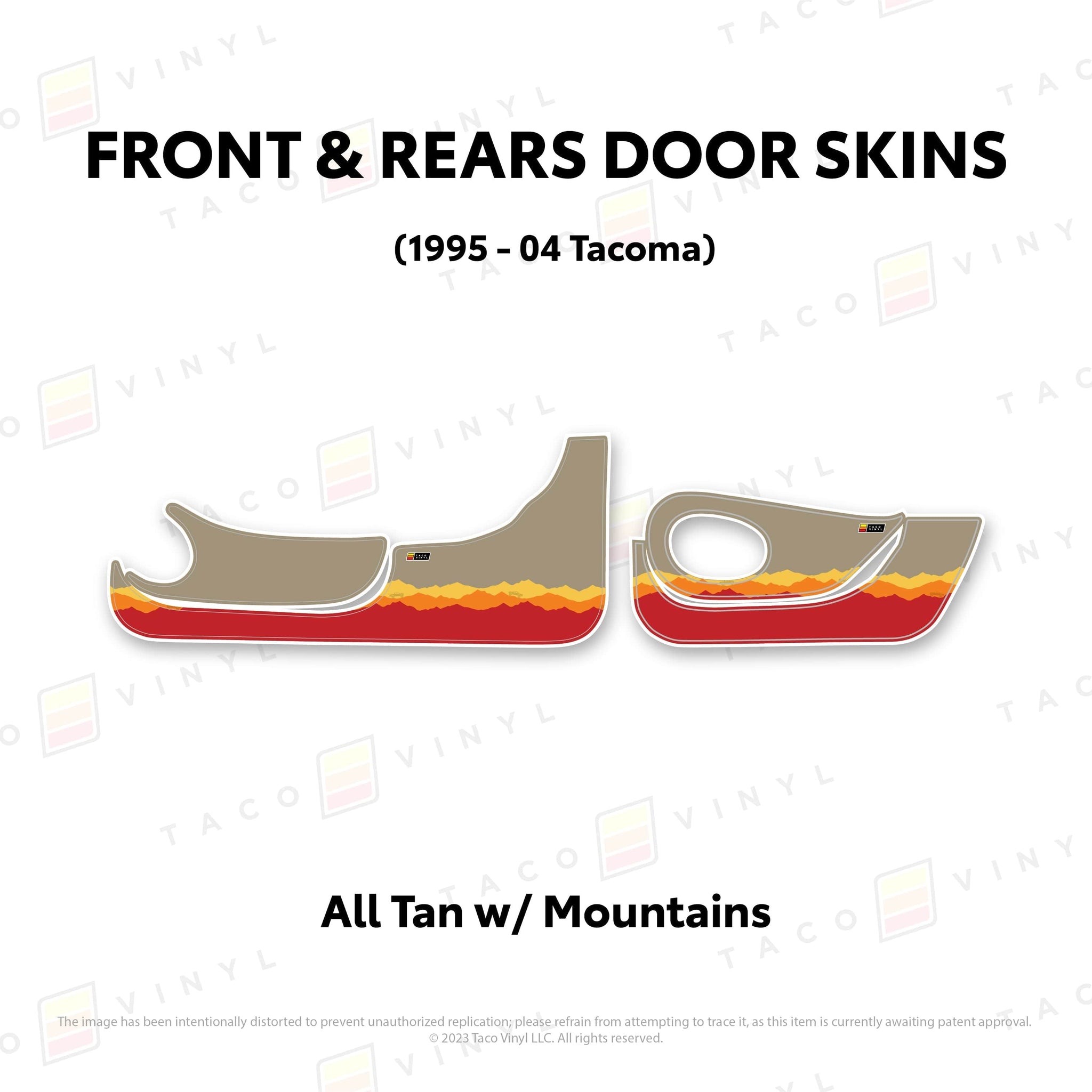 Taco Vinyl Protective Vinyl Front and Rears / All Tan w/ Mountains 1995-04 Tacoma Door Skins (Lower Section)