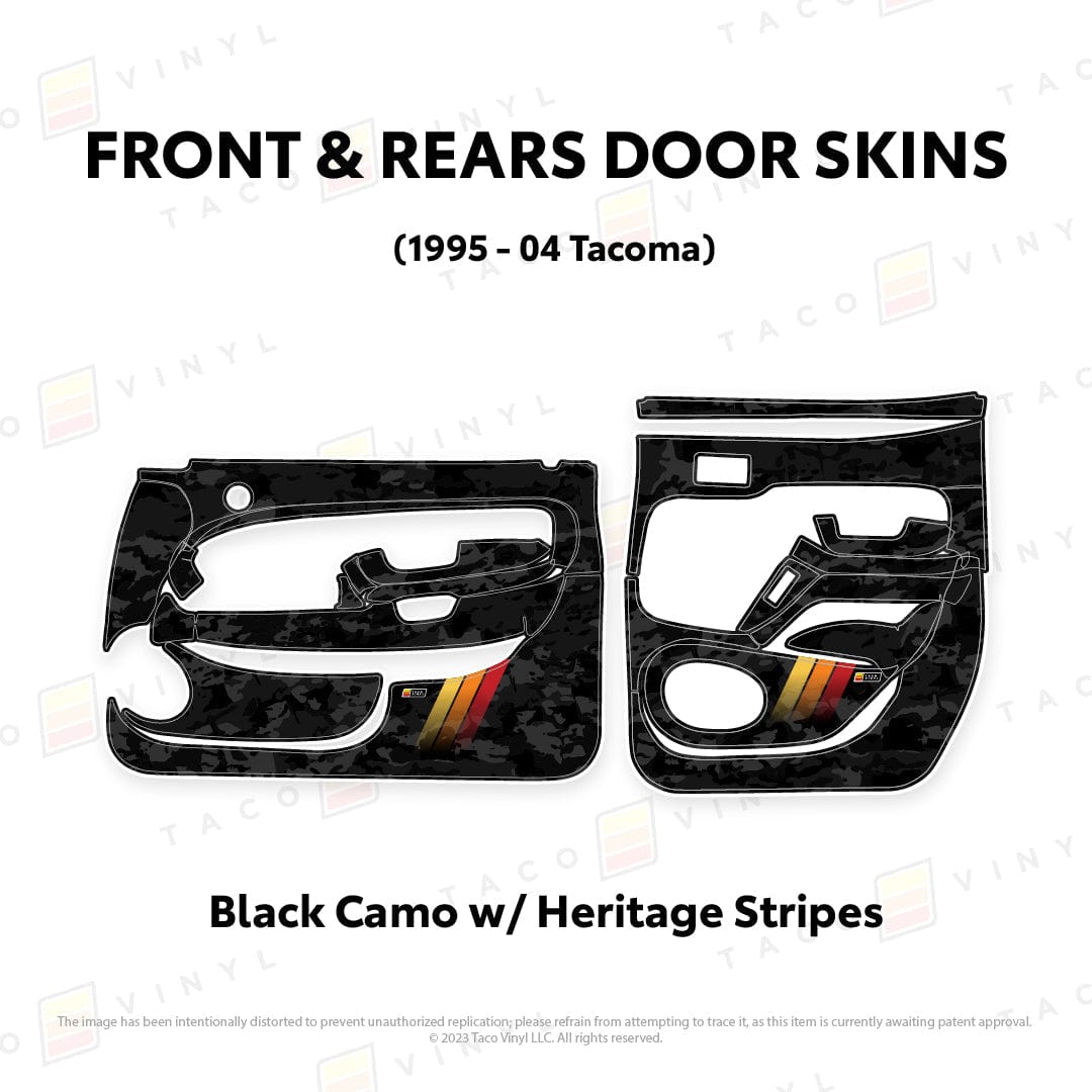 Taco Vinyl Protective Vinyl Front and Rears / Black Camo w/ Heritage Stripes 1995-04 Tacoma Door Skins