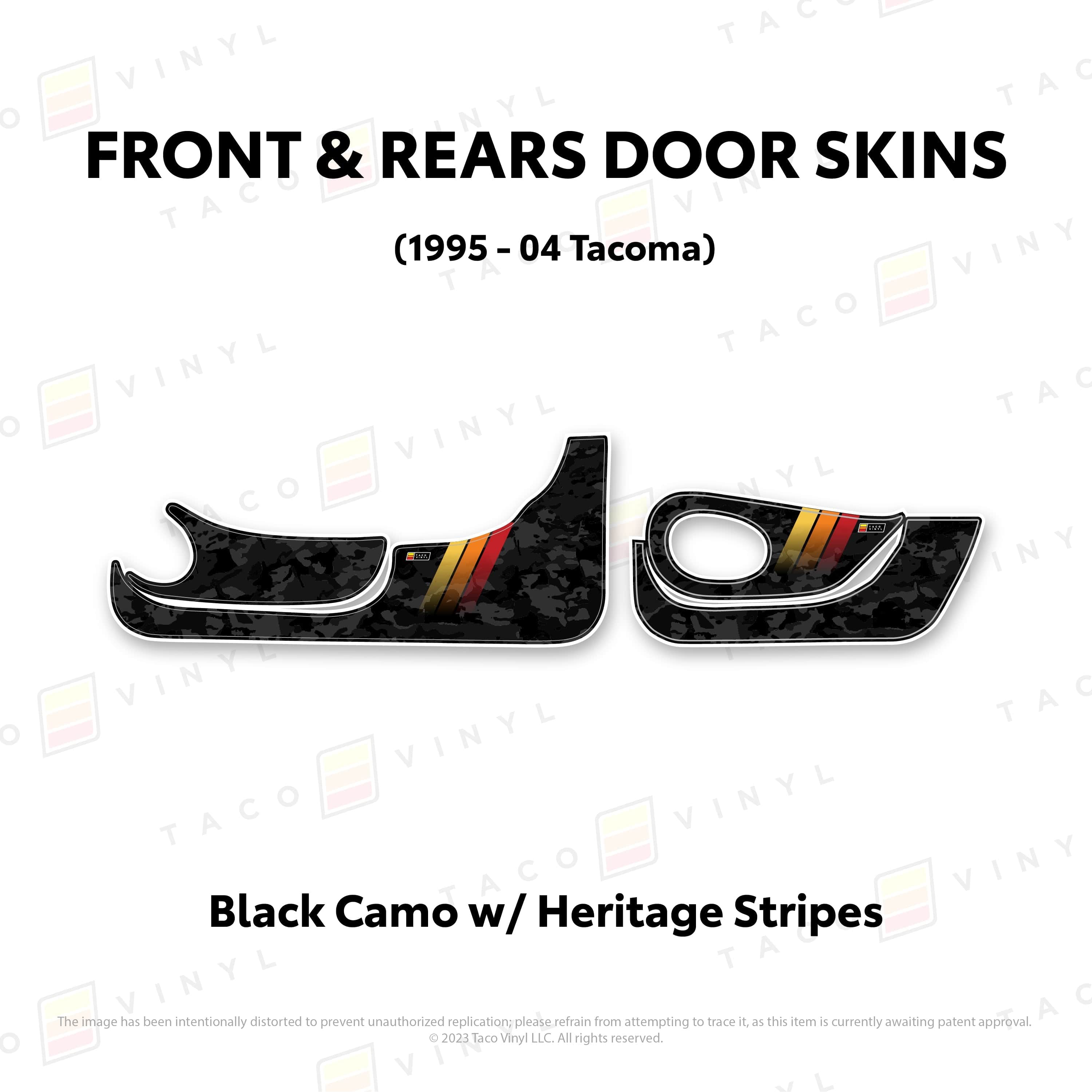 Taco Vinyl Protective Vinyl Front and Rears / Black Camo w/ Heritage Stripes 1995-04 Tacoma Door Skins (Lower Section)