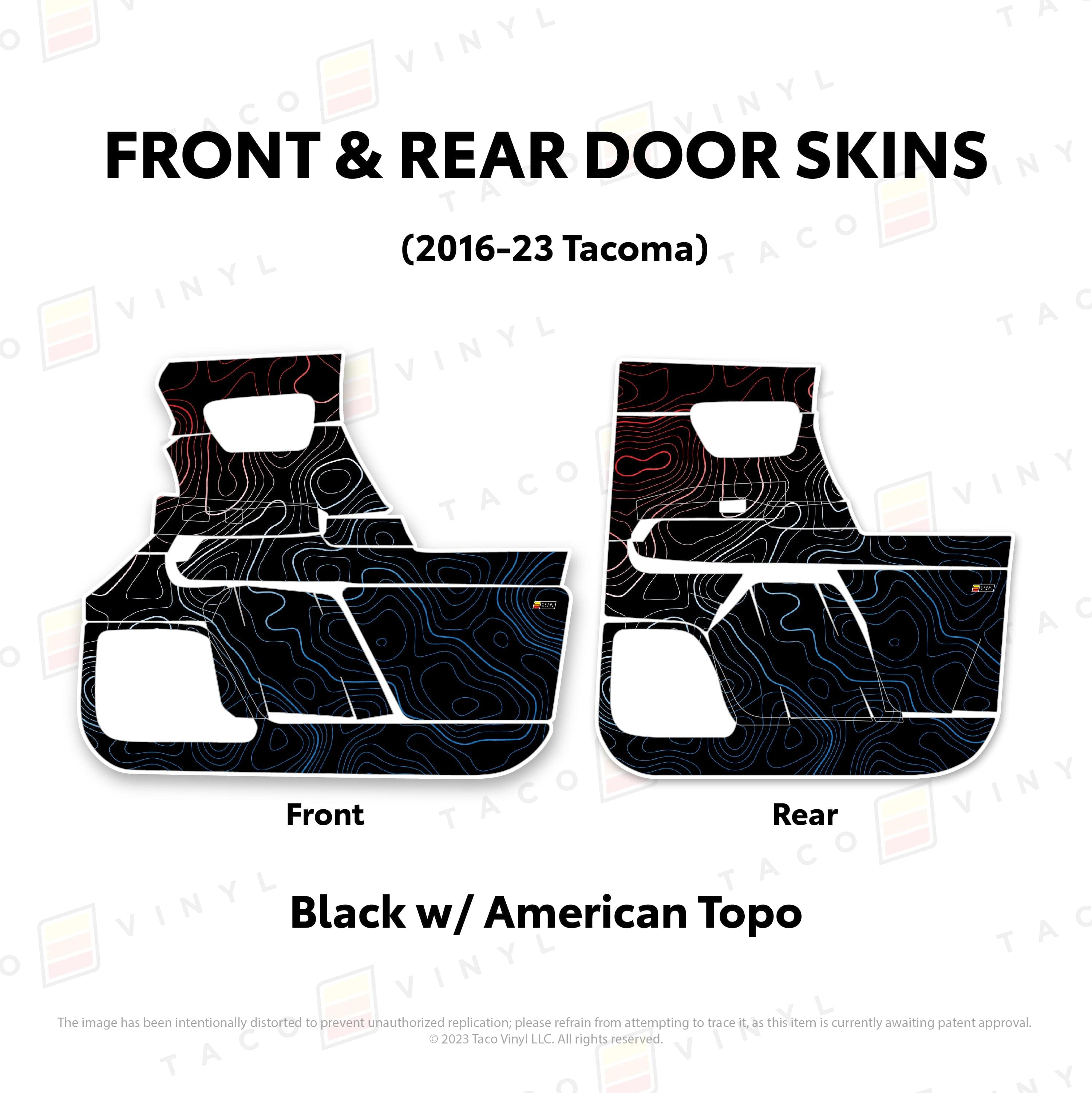 Taco Vinyl Protective Vinyl Front and Rears / Black w/American Scheme Topo 2016-23 Tacoma Door Skins