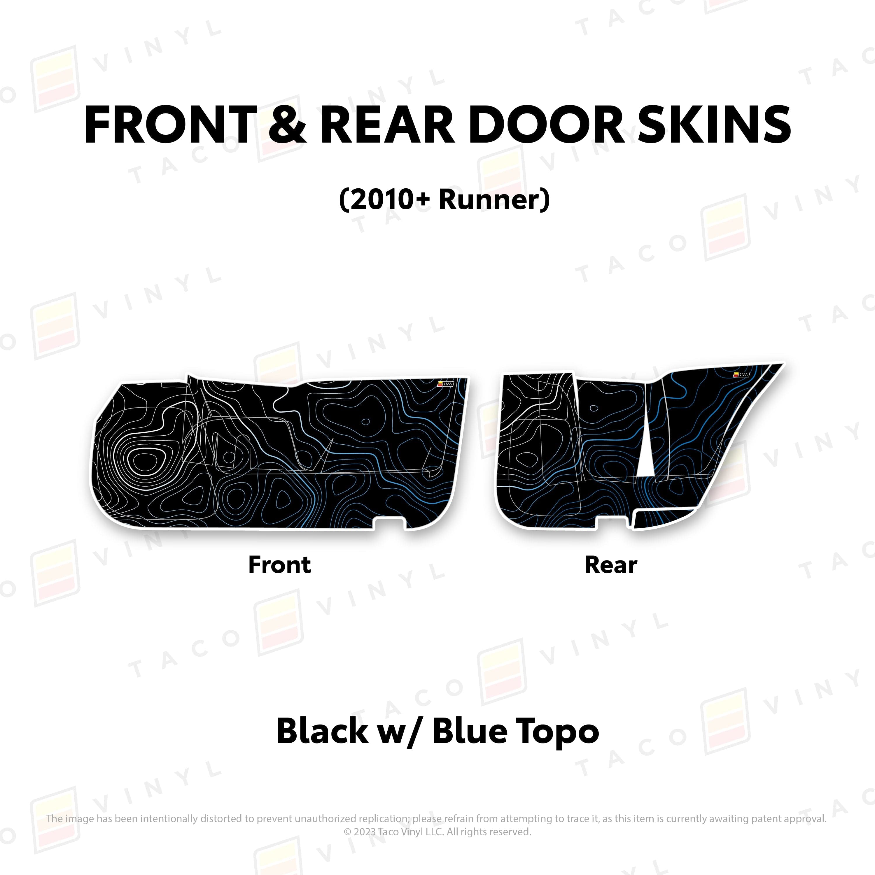 Taco Vinyl Protective Vinyl Front and Rears / Black w/Blue Scheme Topo 2010-24 4Runner Door Skins (Lower Section)