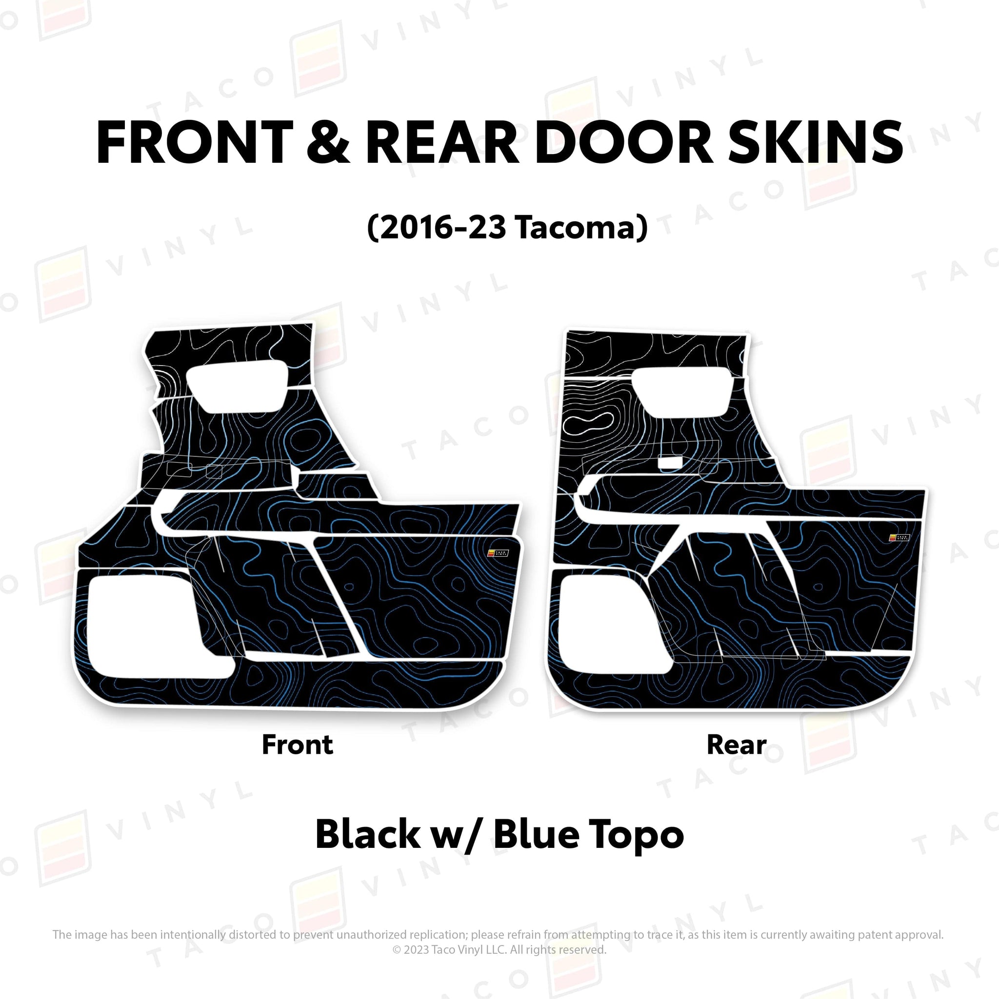 Taco Vinyl Protective Vinyl Front and Rears / Black w/Blue Scheme Topo 2016-23 Tacoma Door Skins