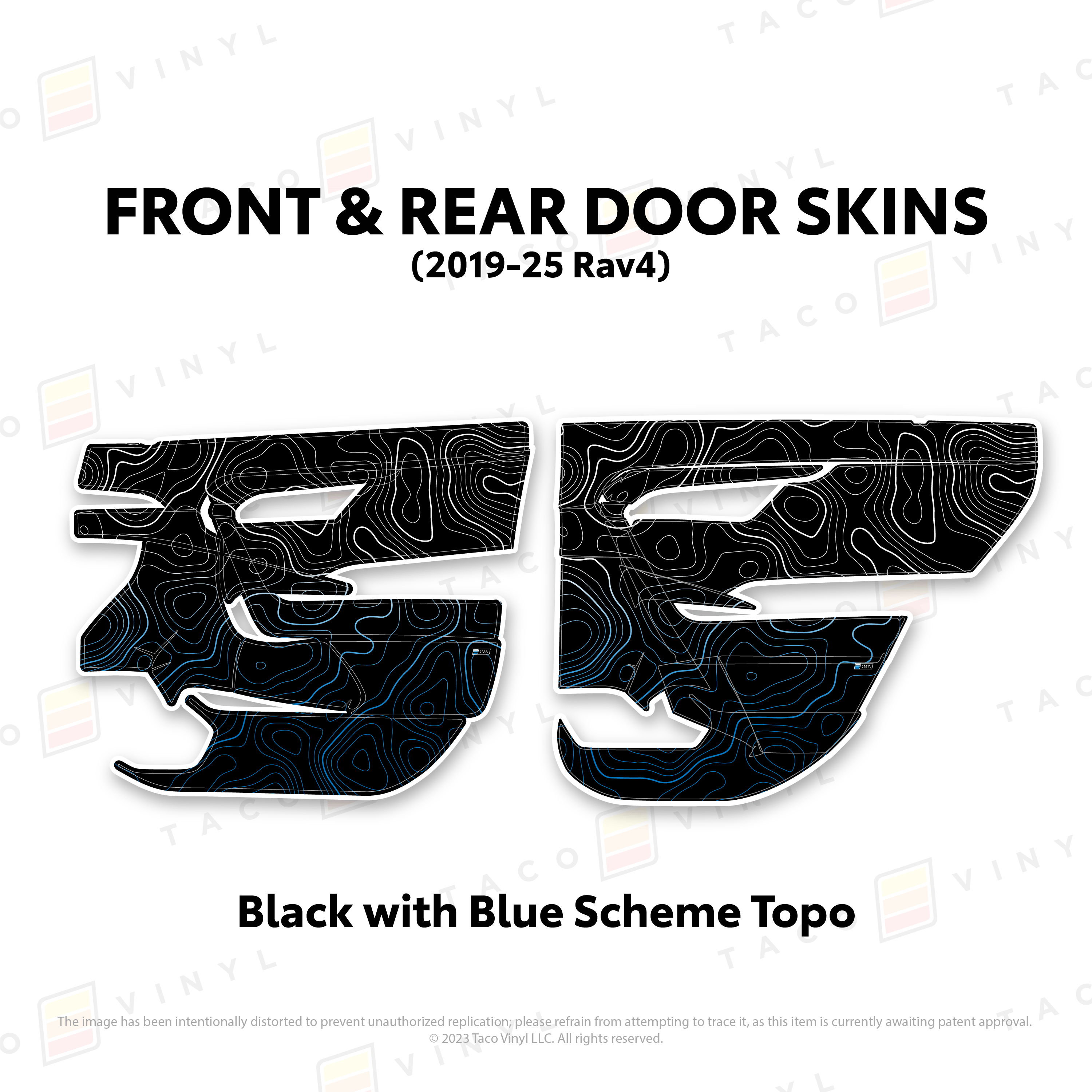 Taco Vinyl Protective Vinyl Front and Rears / Black w/Blue Scheme Topo 2019-25 Rav4 Door Skins