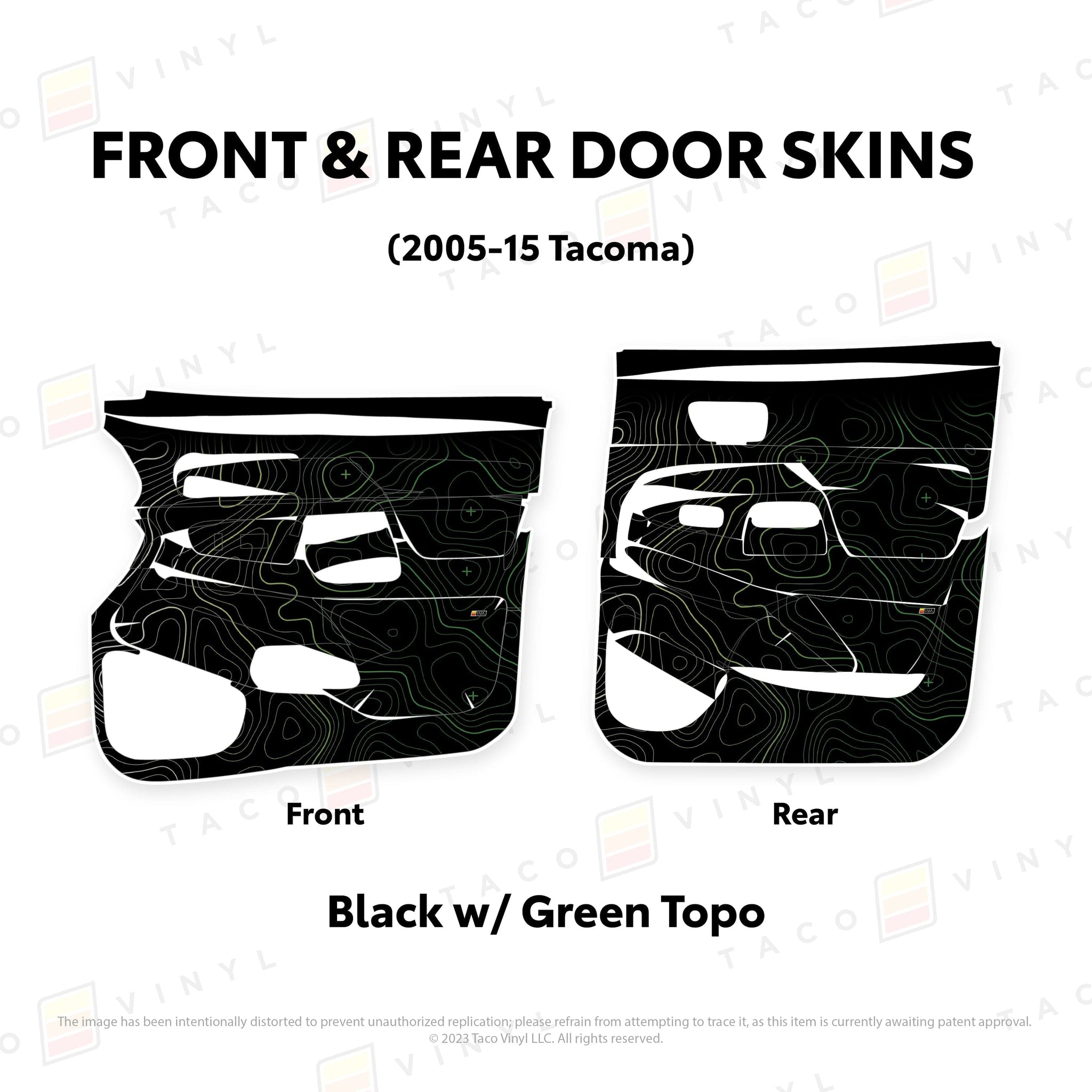 Taco Vinyl Protective Vinyl Front and Rears / Black w/Green Scheme Topo 2005-15 Tacoma Door Skins