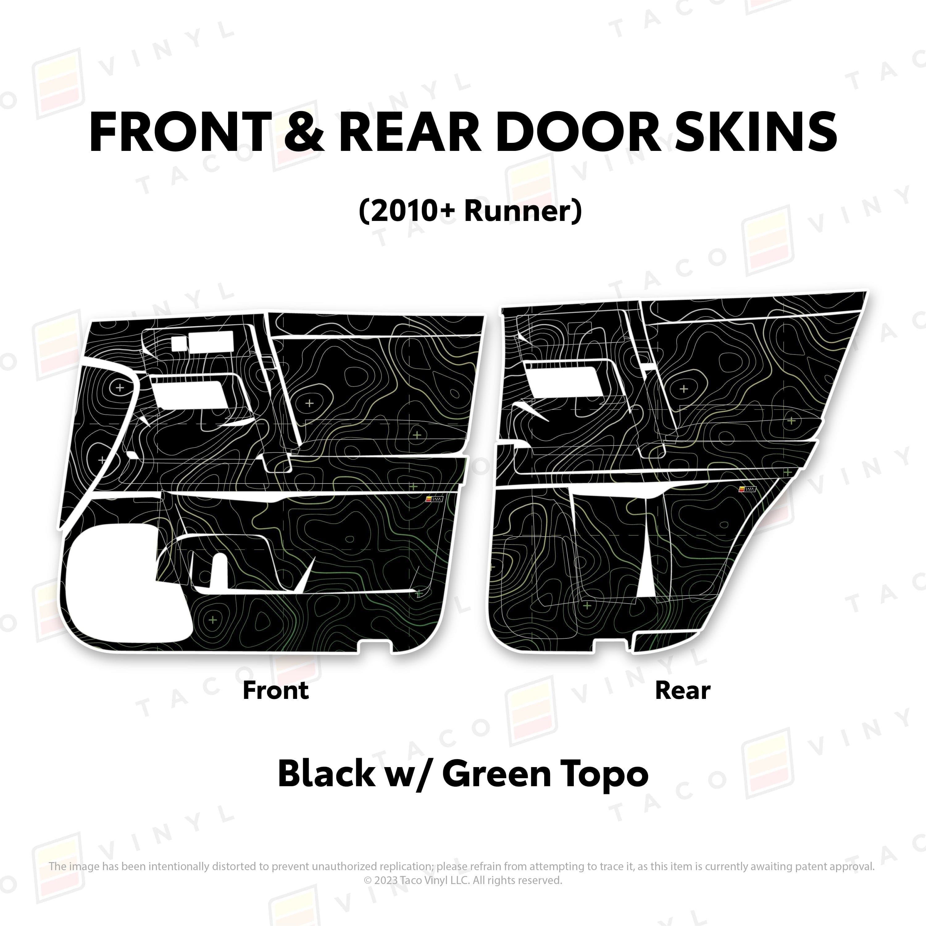 Taco Vinyl Protective Vinyl Front and Rears / Black w/Green Scheme Topo 2010-24 4Runner Door Skins