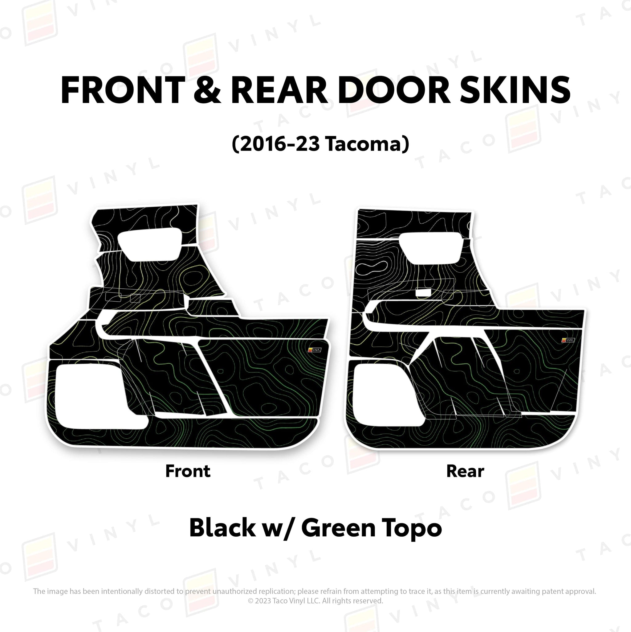 Taco Vinyl Protective Vinyl Front and Rears / Black w/Green Scheme Topo 2016-23 Tacoma Door Skins