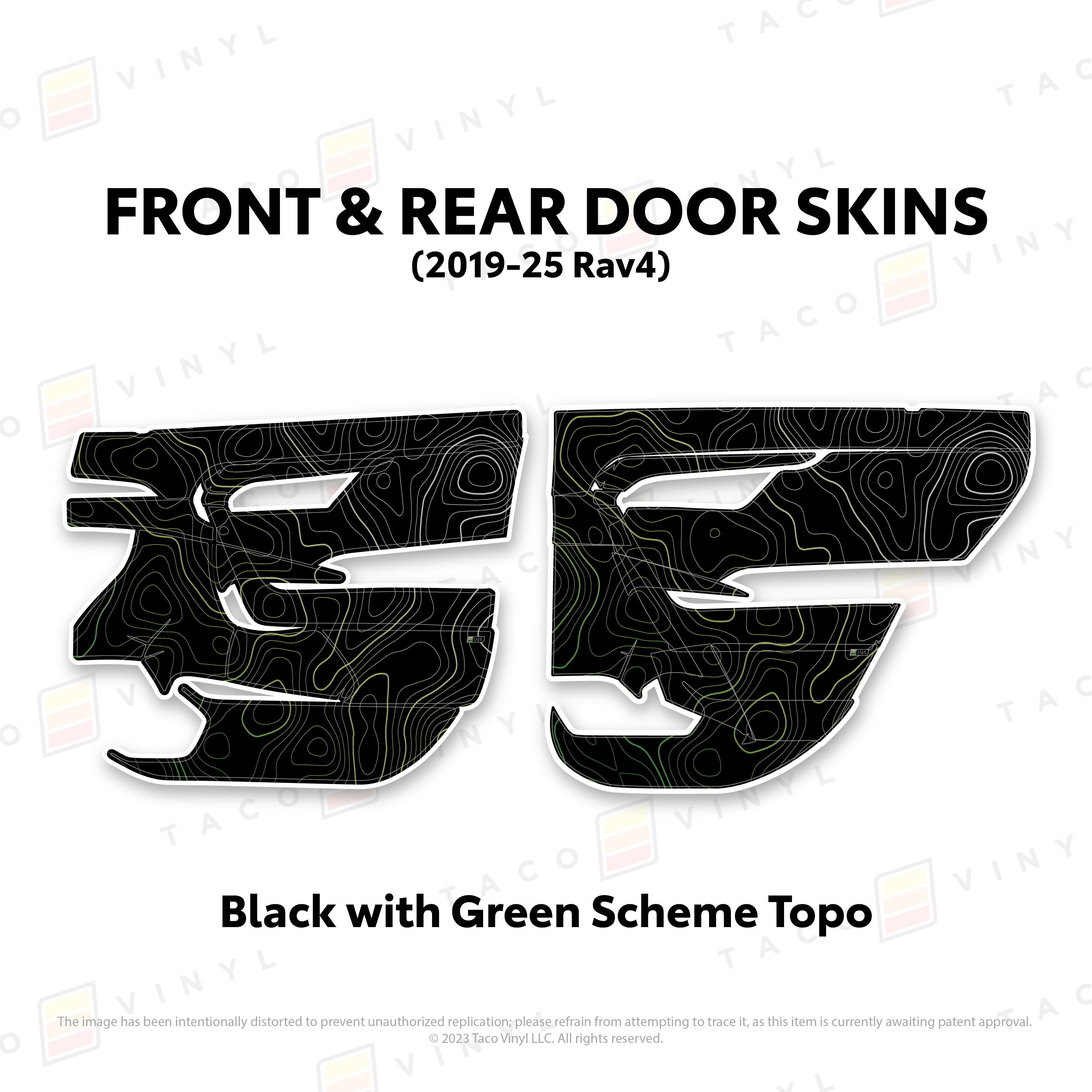 Taco Vinyl Protective Vinyl Front and Rears / Black w/Green Scheme Topo 2019-25 Rav4 Door Skins