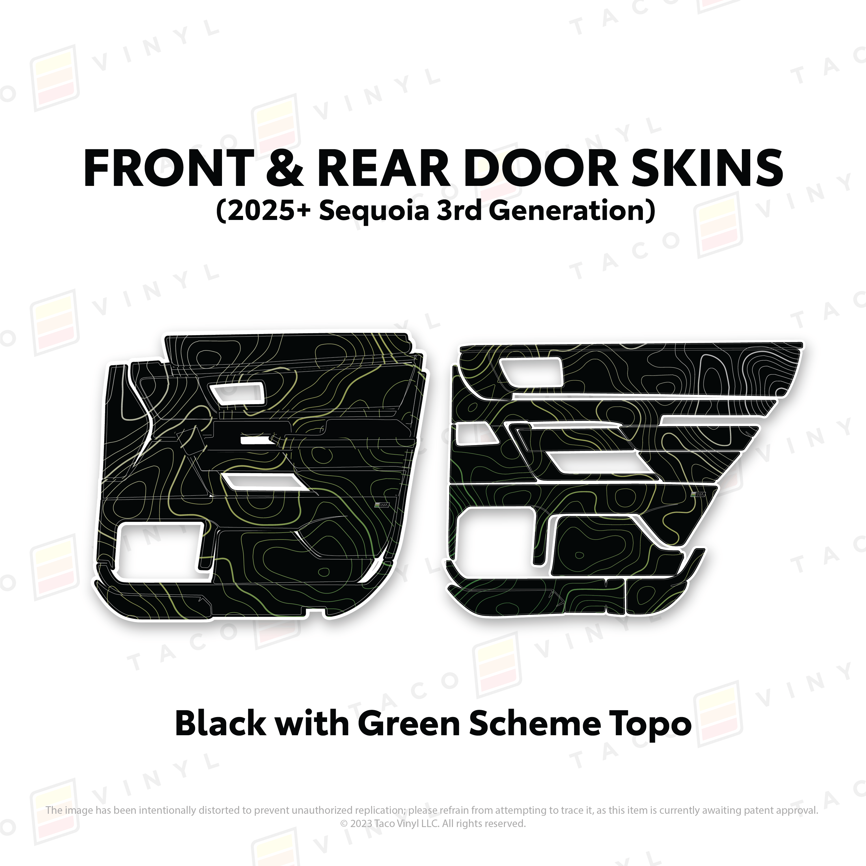 Taco Vinyl Protective Vinyl Front and Rears / Black w/Green Scheme Topo 2023+ Sequoia Door Skins