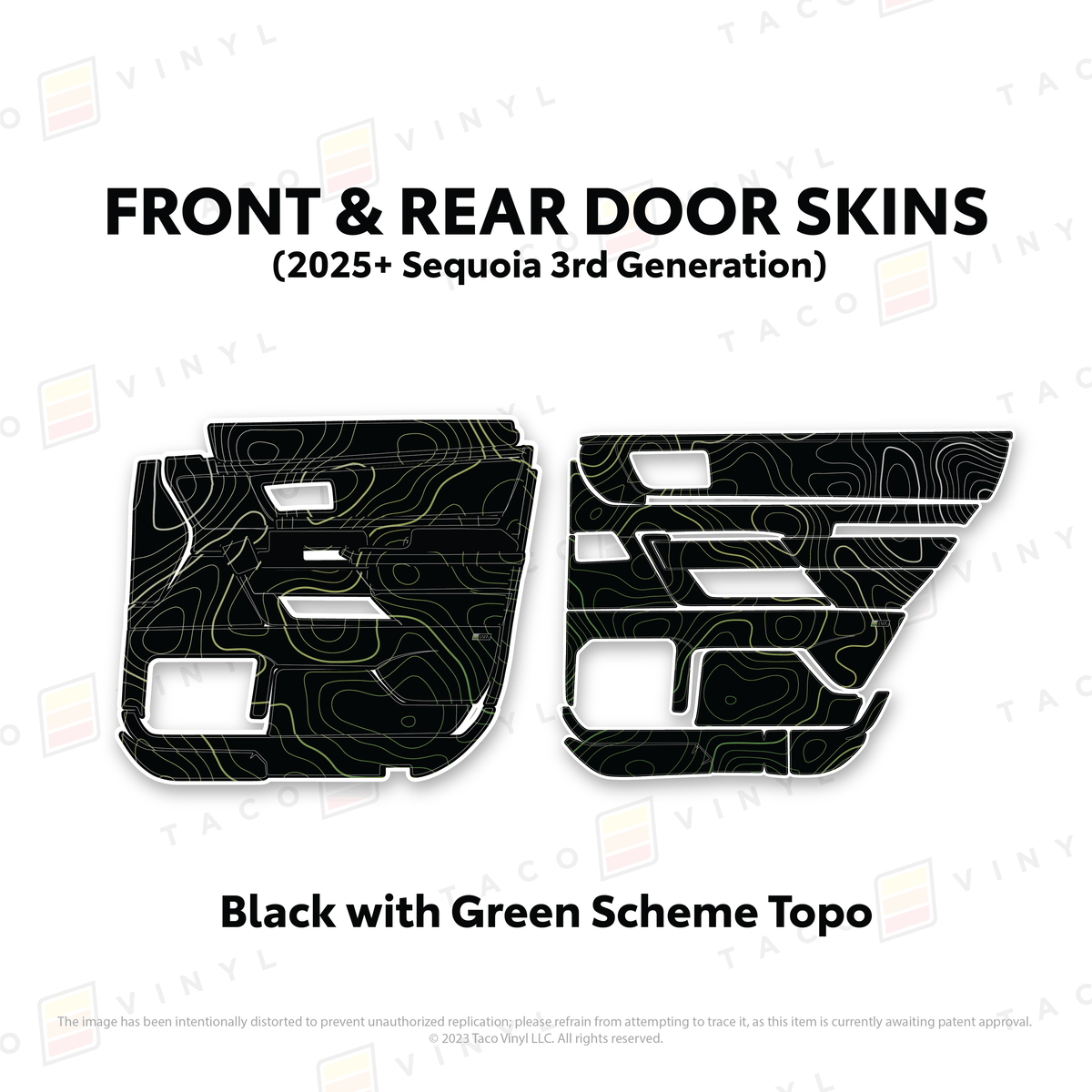 Taco Vinyl Protective Vinyl Front and Rears / Black w/Green Scheme Topo 2023+ Sequoia Door Skins