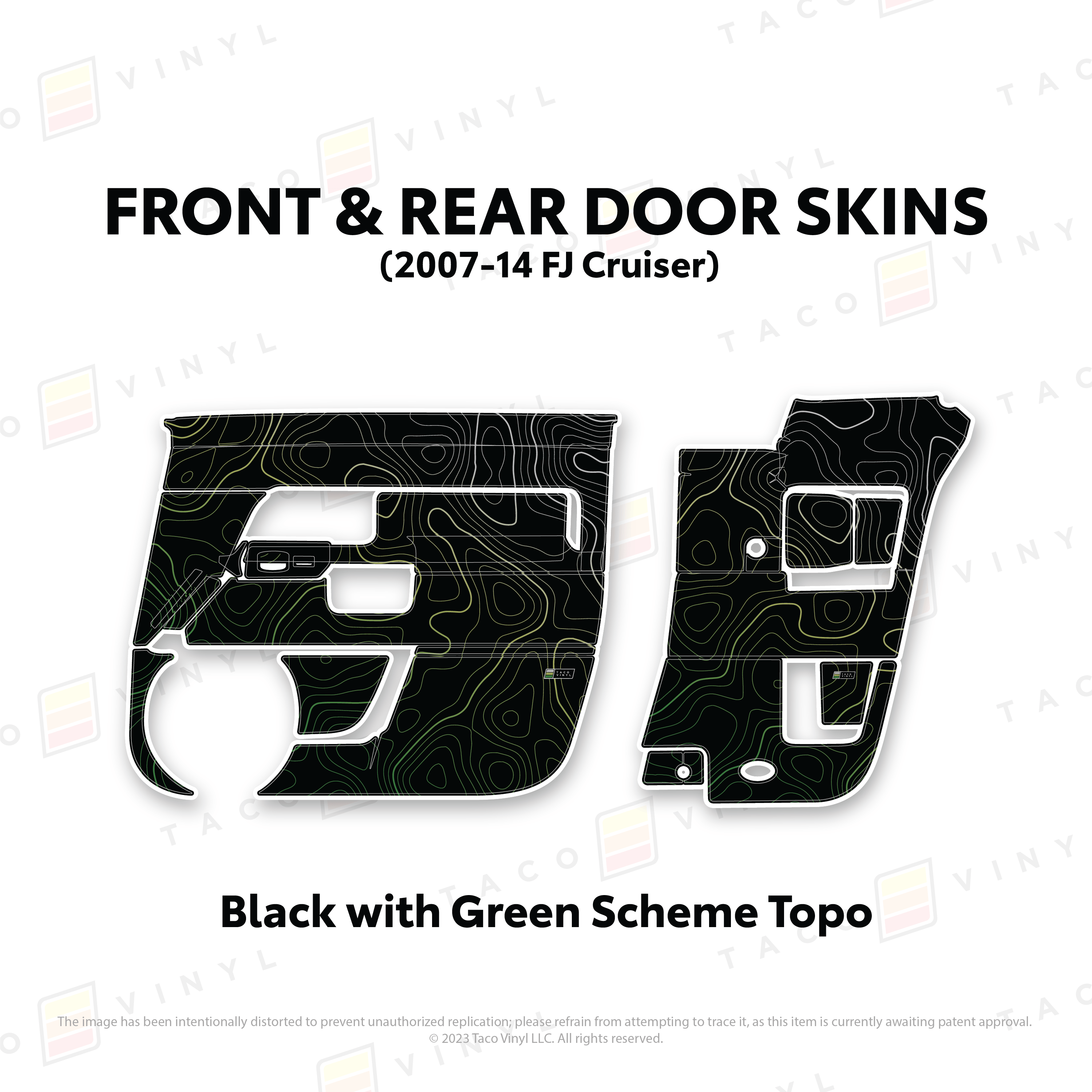 Taco Vinyl Protective Vinyl Front and Rears / Black w/ Green Scheme Topo FJ Cruiser Door Skins