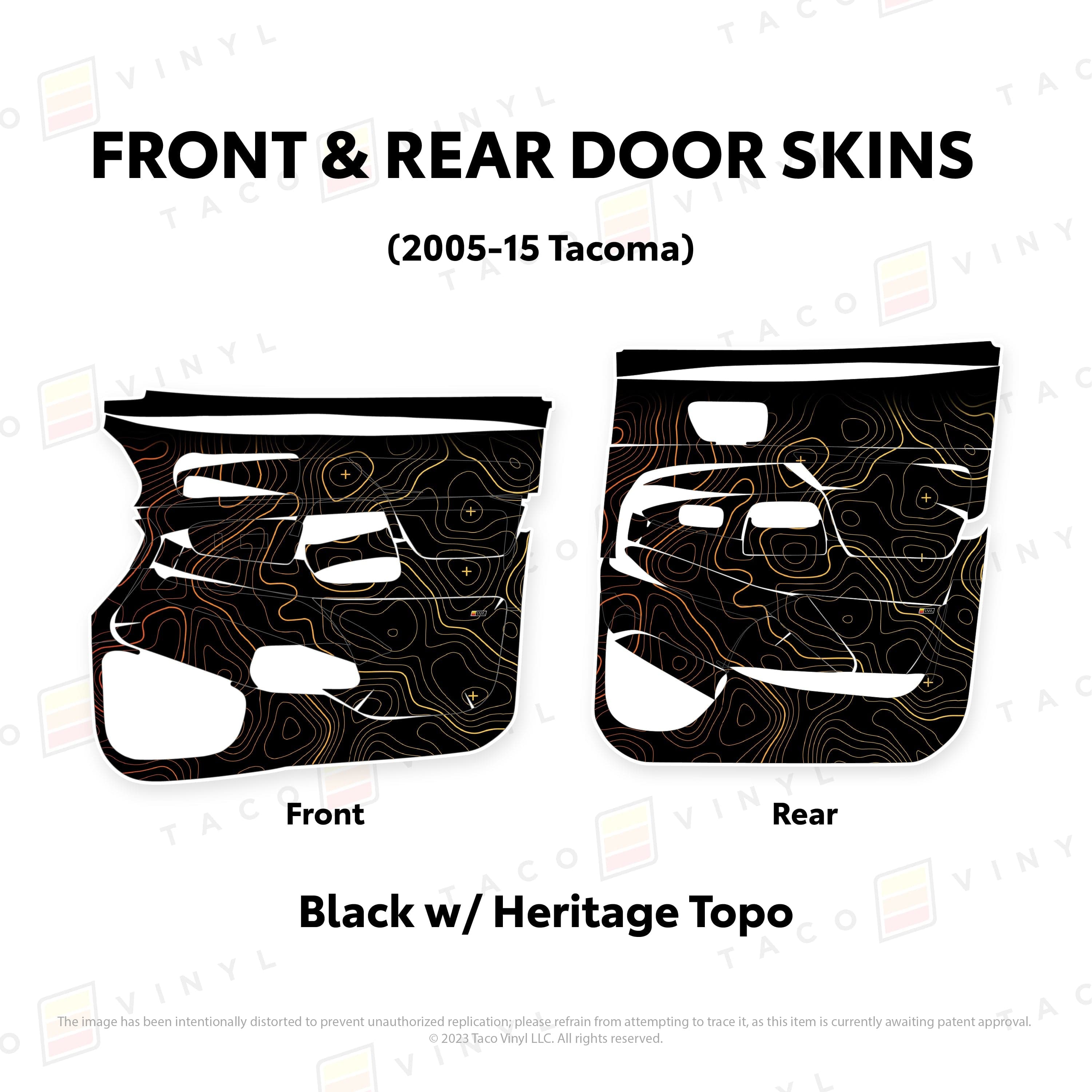 Taco Vinyl Protective Vinyl Front and Rears / Black w/ Heritage Topo 2005-15 Tacoma Door Skins