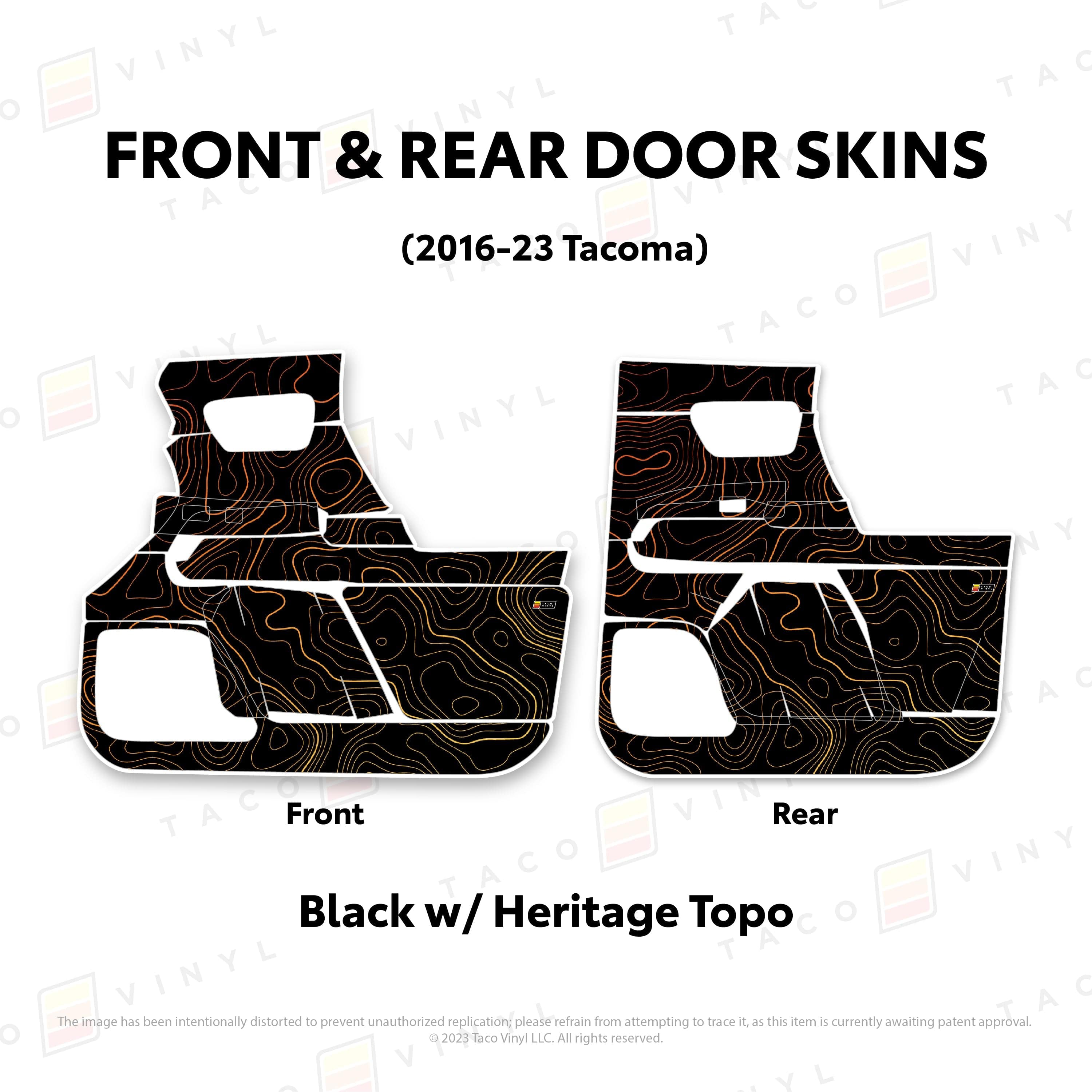 Taco Vinyl Protective Vinyl Front and Rears / Black w/ Heritage Topo 2016-23 Tacoma Door Skins