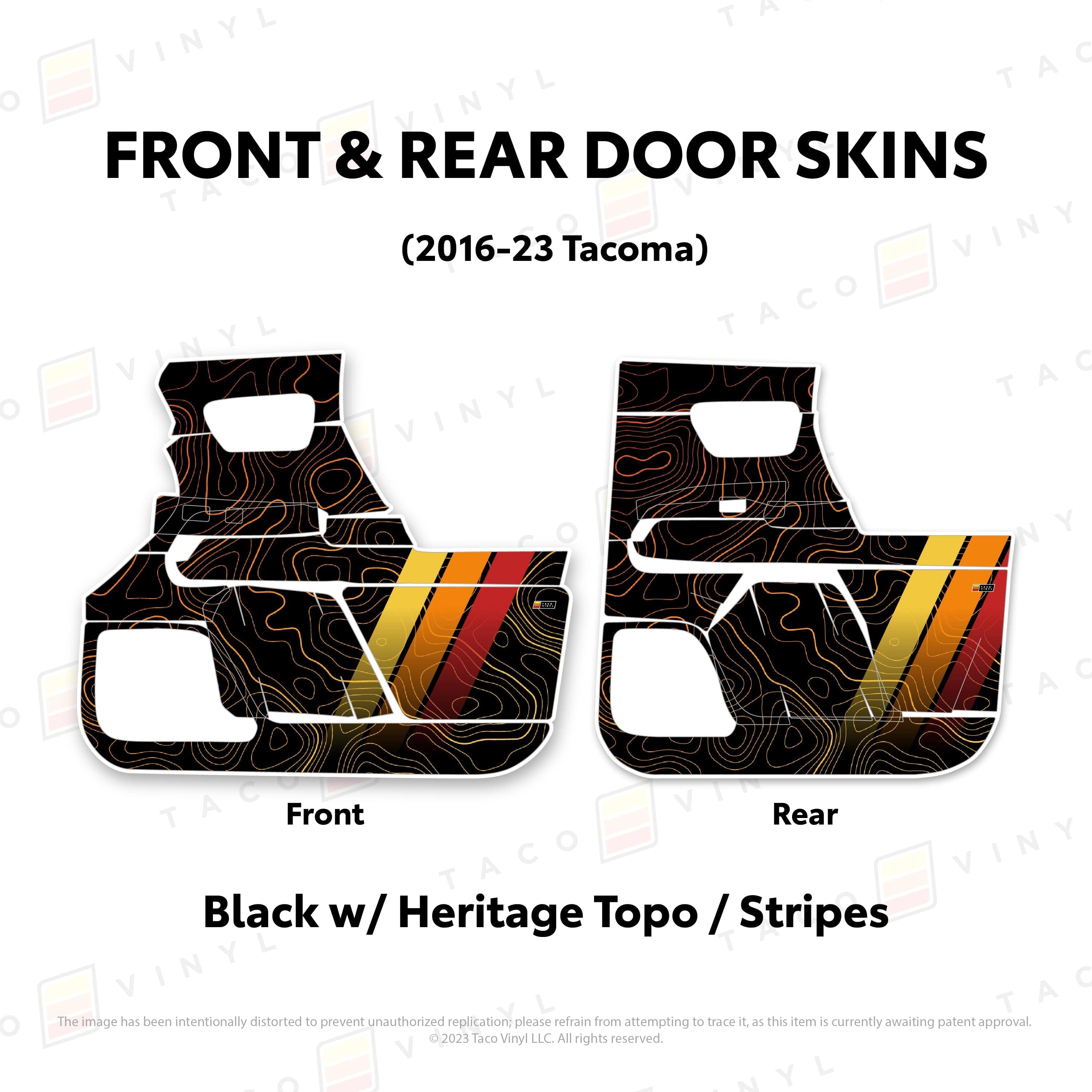 Taco Vinyl Protective Vinyl Front and Rears / Black w/ Heritage Topo/stripes 2016-23 Tacoma Door Skins