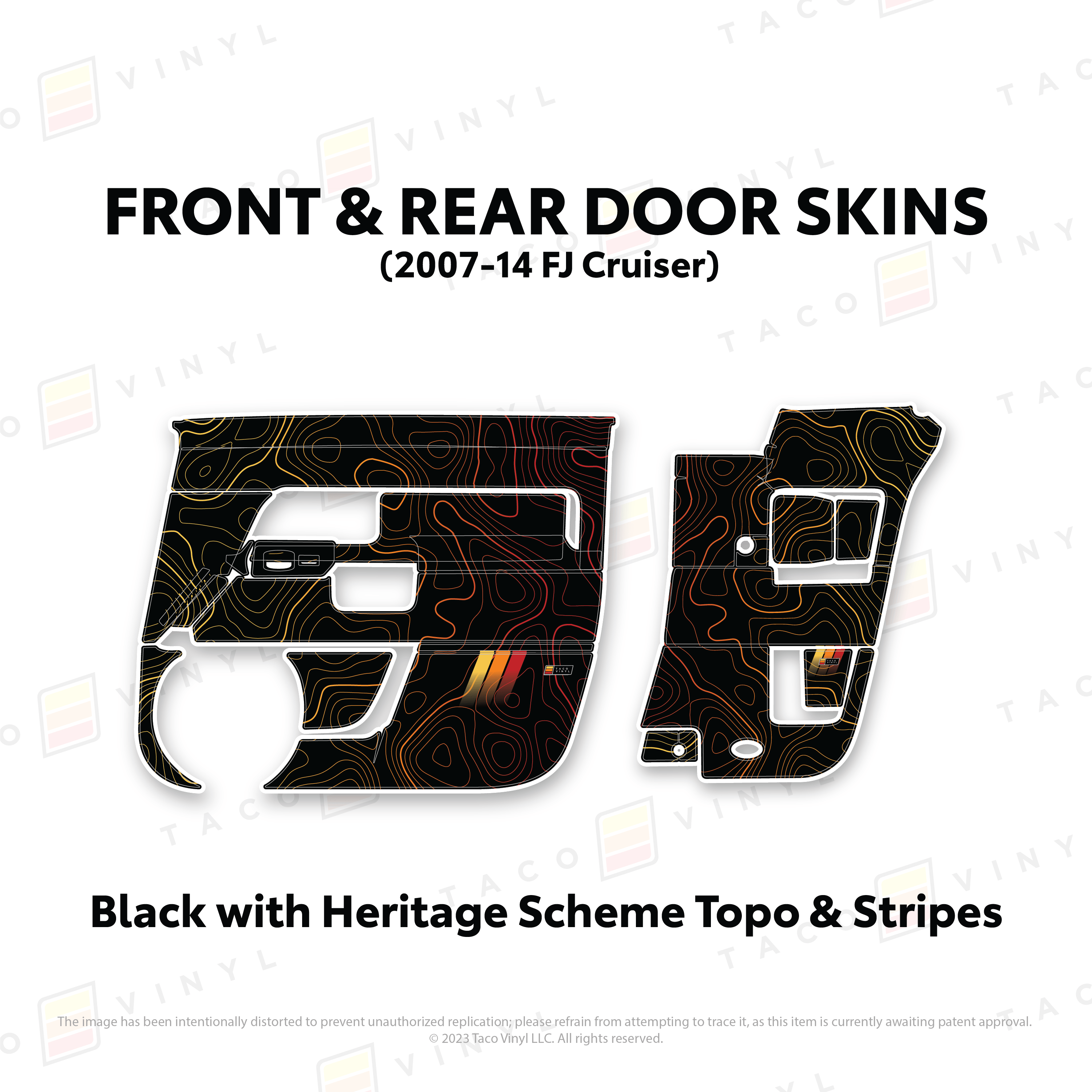 Taco Vinyl Protective Vinyl Front and Rears / Black w/ Heritage Topo & Stripes FJ Cruiser Door Skins