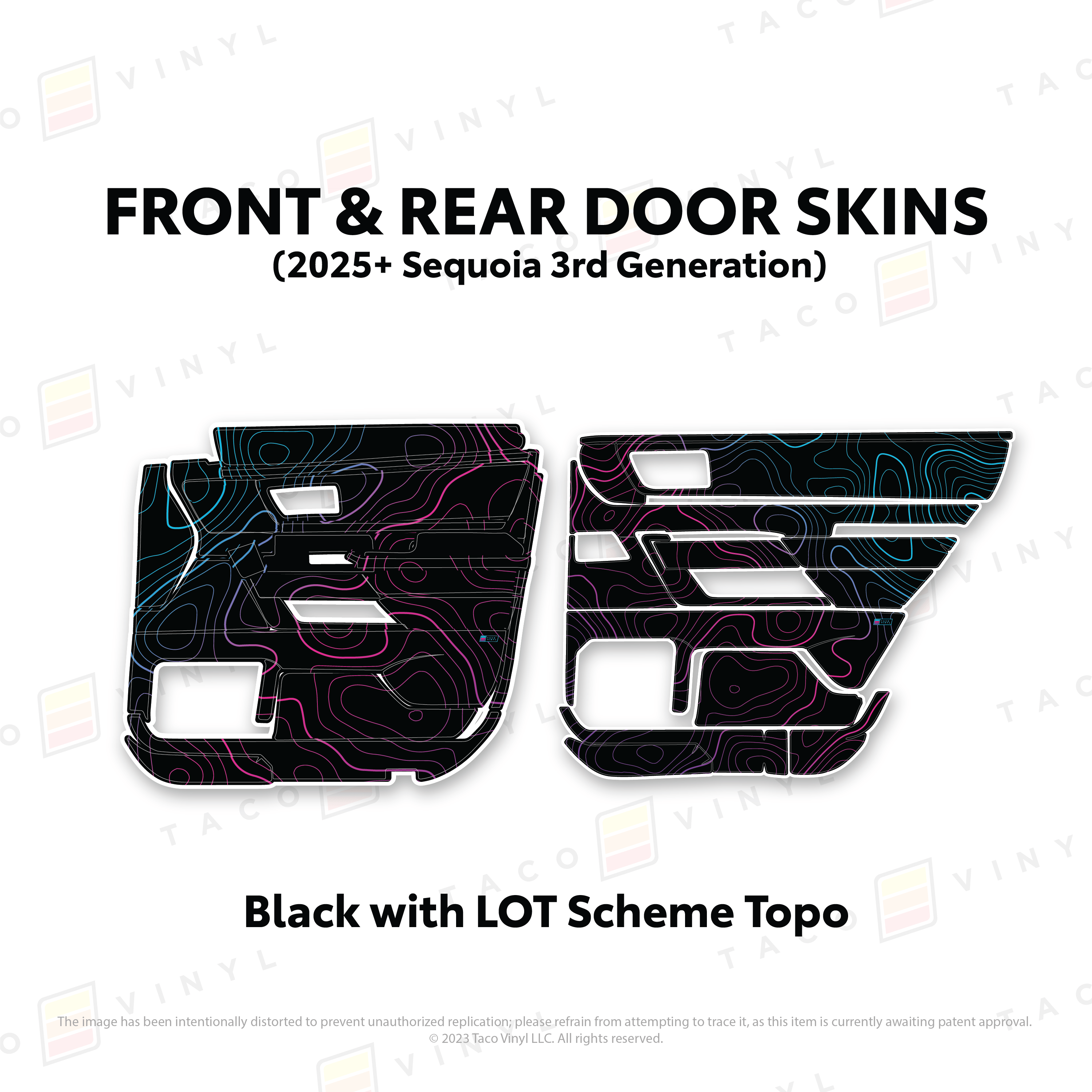 Taco Vinyl Protective Vinyl Front and Rears / Black w/LOT Scheme Topo 2023+ Sequoia Door Skins
