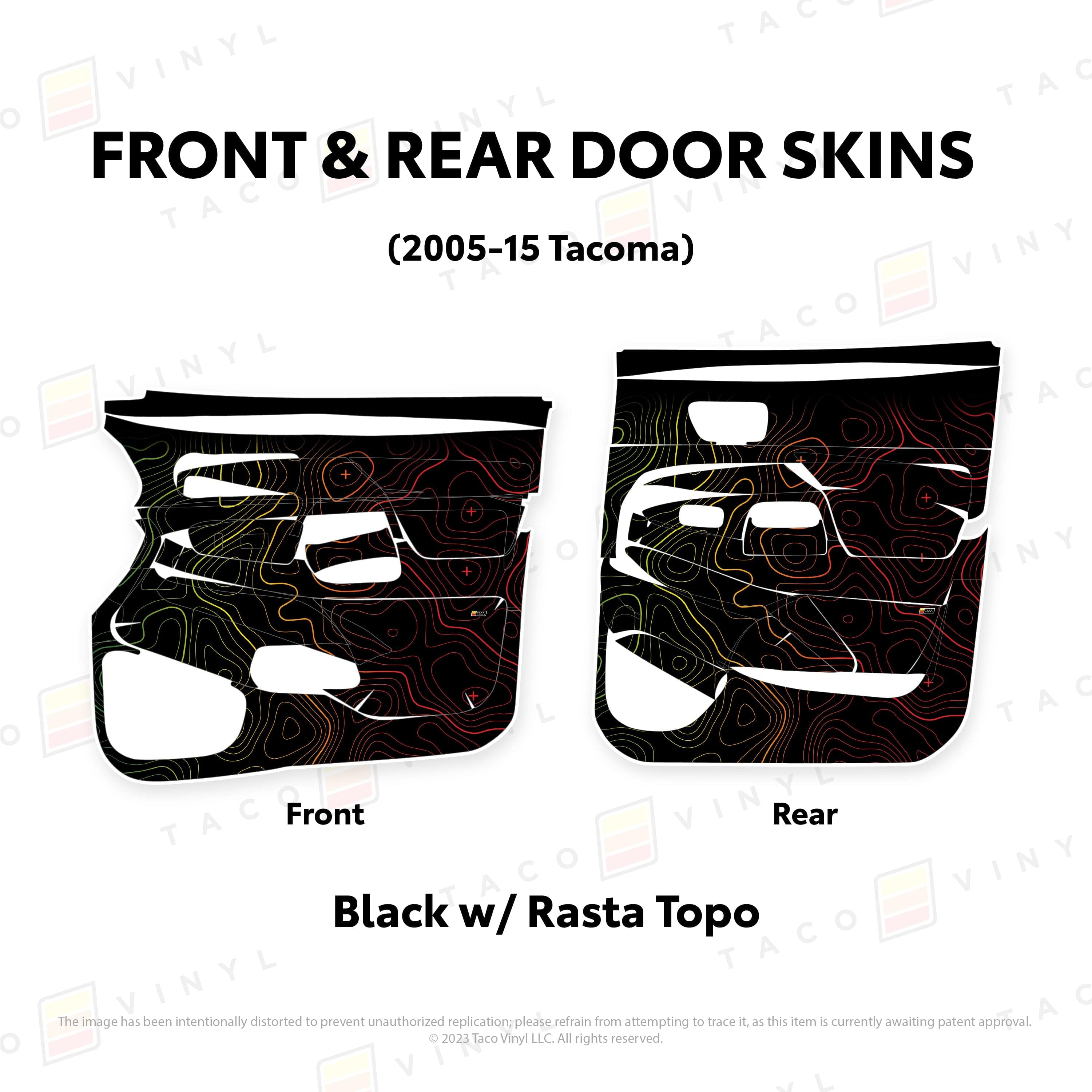 Taco Vinyl Protective Vinyl Front and Rears / Black w/Rasta Scheme Topo 2005-15 Tacoma Door Skins