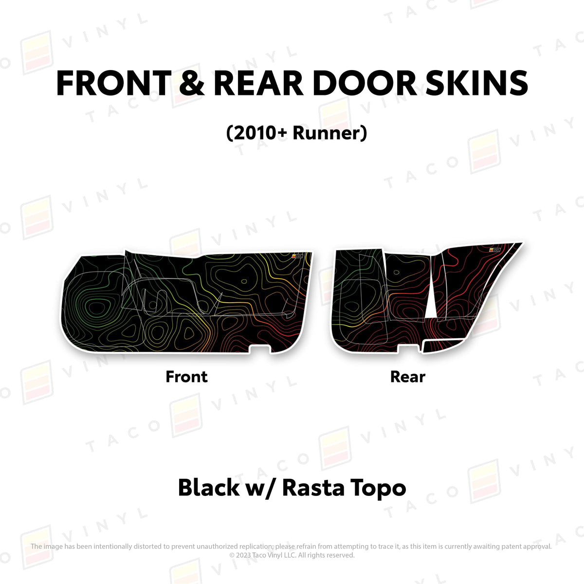 Taco Vinyl Protective Vinyl Front and Rears / Black w/Rasta Scheme Topo 2010-24 4Runner Door Skins (Lower Section)